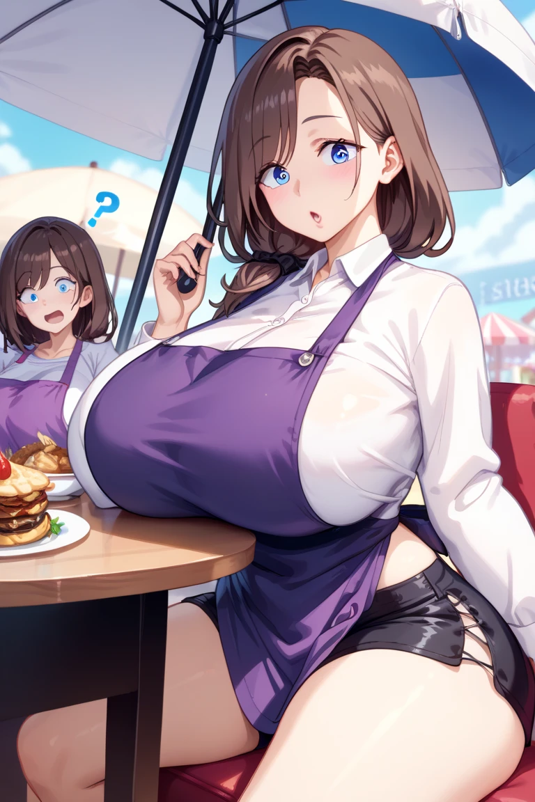  1 woman with an umbrella, Background Home , ((Big Breasts:1.4)), Breast augmentation , big body,  Brown Hair ,  blue eyes,  Hair on shoulder ,  mature women,  Wide hips ,  Only purple apron,  Long Sleeve ,  Black Shorts ,  pretty face , Surprised expression ,Sit on a chair,