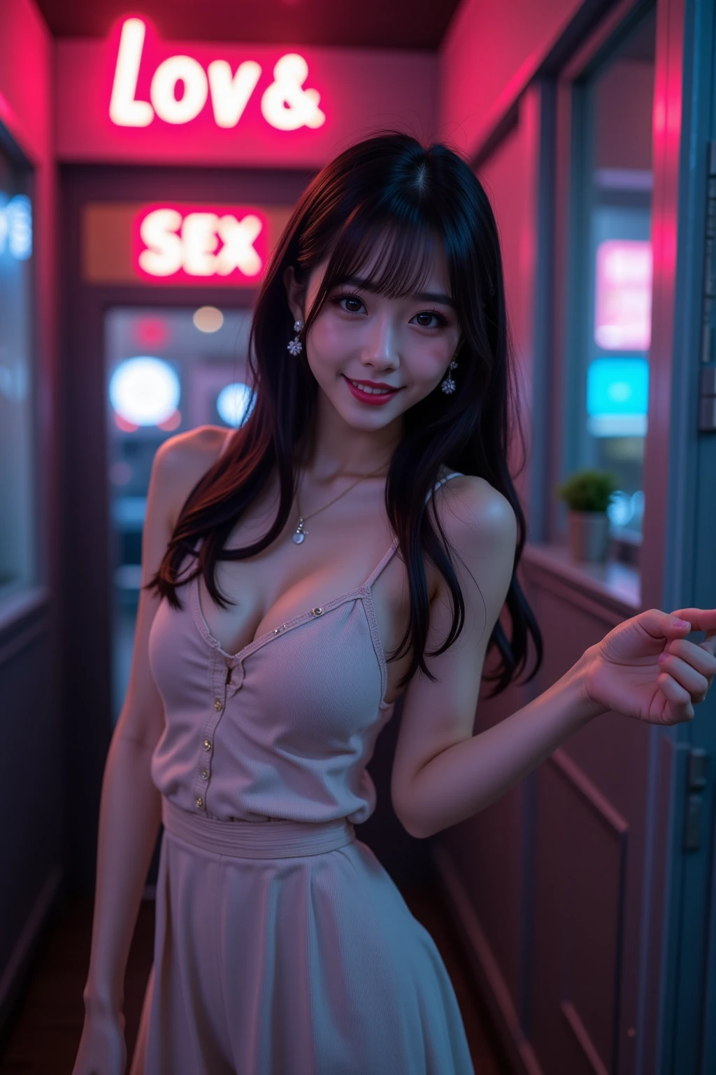 A very cute face like an idol、Looks like a young face、20-year-old female、Gentle and cute、A kind smile、((See-through clothes))、((mini skirt))、(((Roll up the skirt yourself)))、(((whole bodyの姿)))、Cleavage、A crowded bar、Cinema lighting、Natural light、whole body、RAW Photos、Genuine、High quality that is indistinguishable from real life、realism、Real Stick、High resolution、masterpiece
