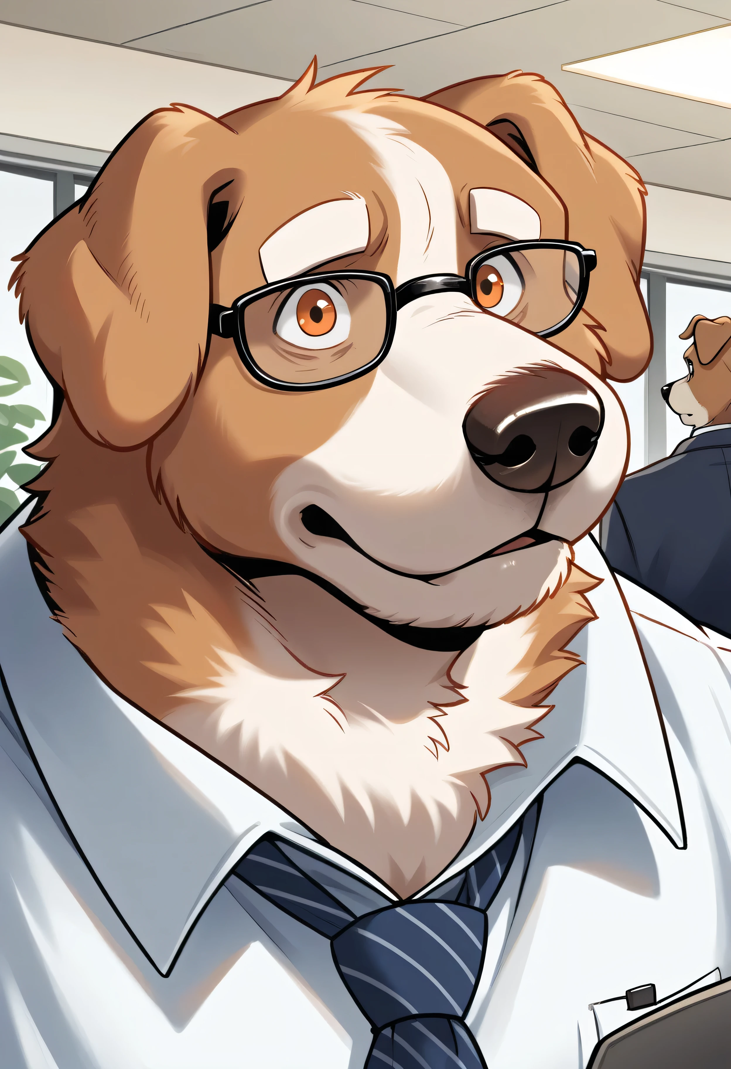 elderly dog, (((dog, beagle))), canid, furry, (aged, elder), ((bright brown fur)), ((wearing glasses)), (big eyes, orange eyes), male, long snout, black nose, (((focus on face))), (white eyebrows), ((thick fur)), ((wide open eyes, age lines, frowning)), ((thin neck)), white shirt, (((indoors, office)))