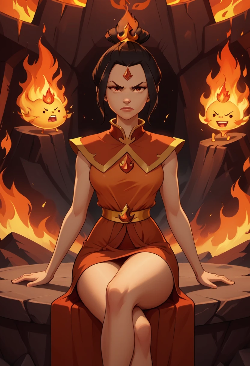 2D_CG, A gleaming ruby or stony throne with a being that looks like a alluring fire elemental woman on it. There's what looks like molten lava surrounding the throne and her lower and upper body looks like fire. Unity Render, Unreal Engine 5, Aesthetically-pleasing, Amalgamated Crossover character, combined, fused persona, Azula Looks like Flame Princess, Flame Princess Looks like Azula, Amalgamation character, solo, female, perfect face, Forehead Jewel, attractive face, short hair made of fire, Azula's hairstyle, Tiara, top bun made of fire, ornate clothing, from the Fire Nation, Avatar: The Last Airbender art style, Adventure Time art style, collaboration art style, commissioned fanart, character artwork, focus on character, epic inside of a volcano-themed background (with swirled flames), concept art, crossover artwork, white outline, black outline, double outlines, heavily outlines, perfect coloration, detailed hands, firm fingers, mouthing the words "come here", plenty of fire magic, orange flames, body made of flames, sultry facial-expression, slight smirk, come hither expression and pose, flame skin, skin made entirely of flames and fire, serious look, inspired by Ember, fire elemental, Princess of flames, fine detail, creative crossover artwork, flame effects, fire effects, surround by flames, flame and fire aura, determined and sensual eyes, focus on making very-detailed face and eyes, eye symmetry, face symmetry, epic scene, fire and flames in the background, humanoid, monster girl, flame elemental, sexy, alluring, sultry lips, sexy MILF, large breasts, heavy-hanging breasts, superb underlighting, underlighting from flames, flickering-effect underlighting, inspired by Sharon Stone, sitting, crossed legs, sexy legs, one leg out, dress with a side-slit, Outer Glow, and Drop Shadow, dramatic shadows, cinematic, high-budget movie_quality,, top-rated, top-tier artwork, score 9 and up, score 8 and up, made by artists who are the masters of their craft.