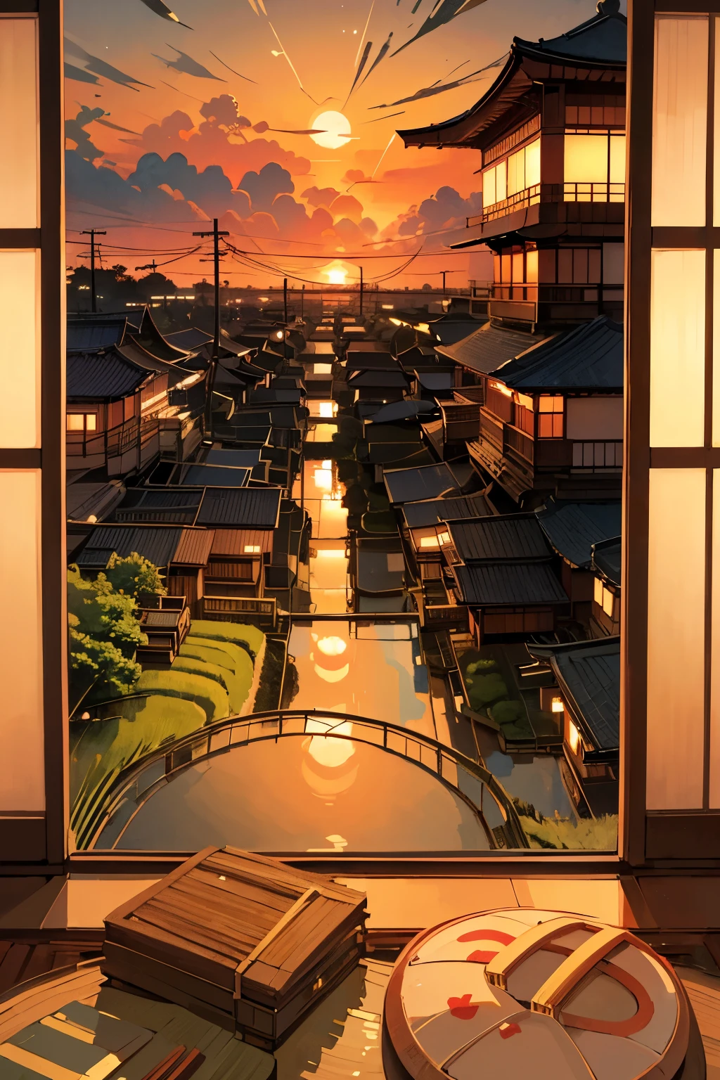 8k, haigh quality, high resolution, realistic, Japanese summer rural house, scene with Japanese wind chimes and rice fields, (zoom Japanese glass wind chimes), no person, no people, ((Paddy field)), (I can see grass and big trees, many Electric poles), ((The camera angle is from inside the house facing outside)), (The house has a garden, at the back of which many electric poles and paddy fields can be seen), (Japanese Wind chimes are hanging),((I can't see any other houses))