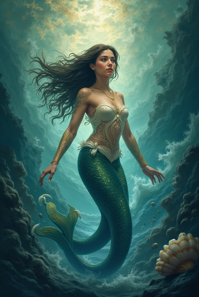 A beautiful mermaid on a rock in middle of rough waters unleash the power of water, she rise the hand creating an arch of whips of water, where the sunlight reflects. Mermaid with golden bikini top, golden cauda. Photography.