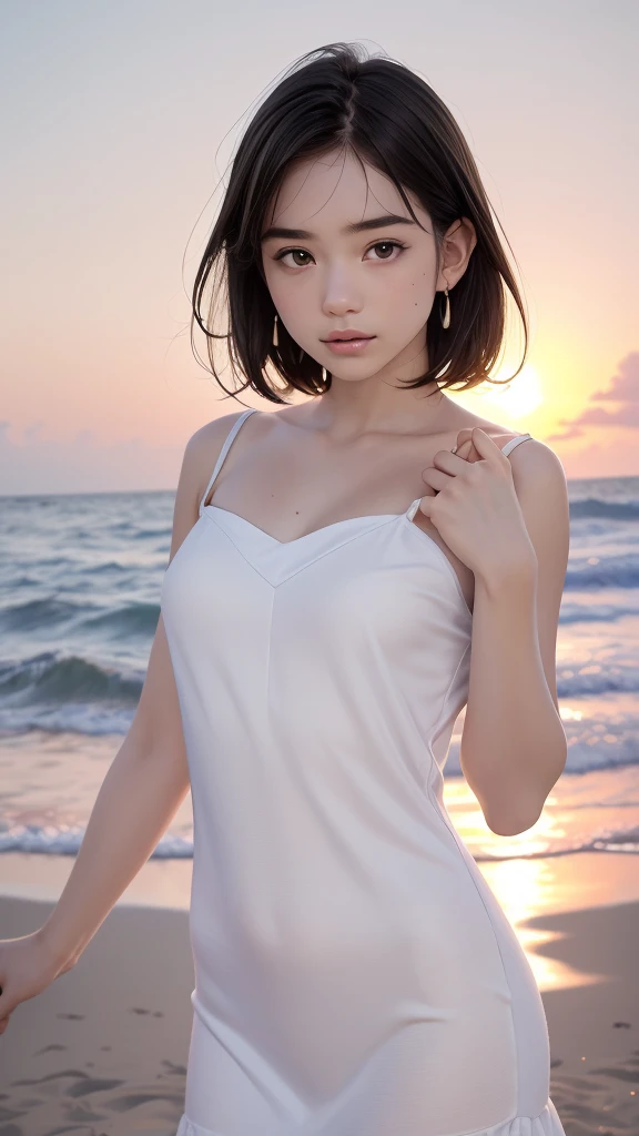 one girl, (12years old:1.4),(Very Young Face), (japan Person famous idol), face, cute face, ash gray hair:1.5, bob hair, short hair, camera's line of sight, small breasts, An ennui look, (((camisole, dress))) , particles of light, sea of ​​sunset, calm sea, white sand beach, very beautiful sunset, RAW photo, highest quality, High resolution, High resolution, masterpiece:1.3, 32k, professional photographer,(Enhances the beauty of skin texture:1.1),((Extremely precise and accurate anatomy:1.0)),Kind eyes,Graceful pose,(Beauty of form:1.4) Golden ratio, big eye,(nature's providence:1.4),