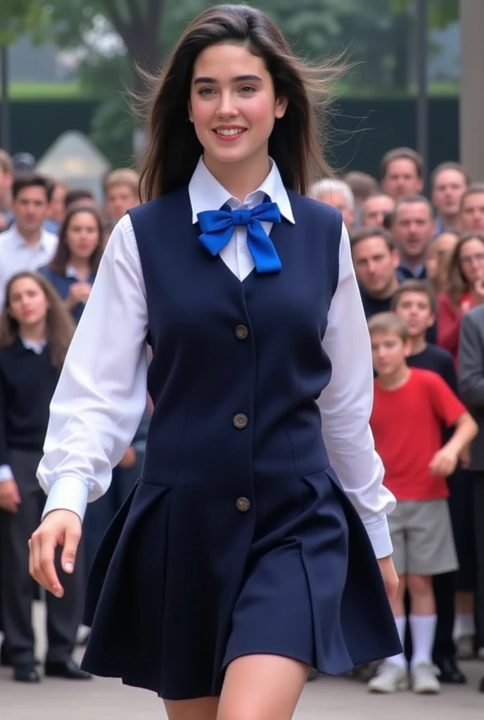 (masterpiece, best quality:1.2), from the front, a beautiful girl, (Jennifer Connelly at age 16), pure innocent face, whole body photo, she is enjoying dancing with joy., a dynamic photo, she wears in a dark blue school uniform and skirt and white shirt with a vivid blue bow tie., her tall  and beautifully feminine body line is accentuated., healthy muscular beauty, very dymanic photo, her dark long hair is flowing., her vivid body,  ANATOMICALLY CORRECT , crowds of her fans in background.,bright natural light illuminates her beautiful face and body., 