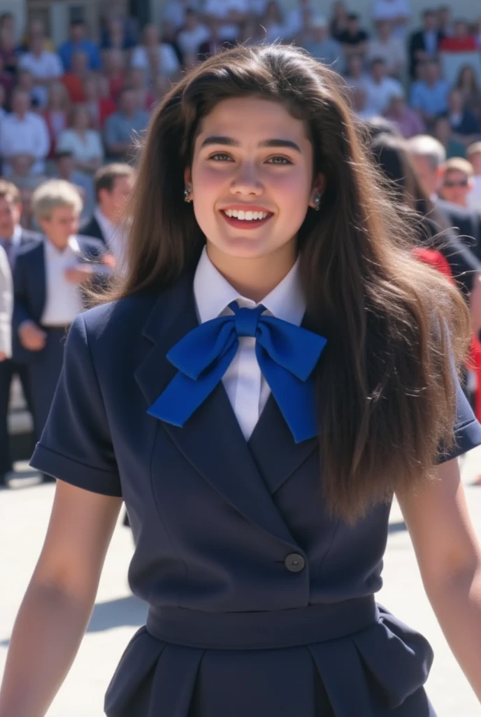 (masterpiece, best quality:1.2), from the front, a beautiful girl, (Jennifer Connelly at age 16), pure innocent face, whole body photo, she is enjoying dancing with joy., a dynamic photo, she wears in a dark blue school uniform and skirt and white shirt with a vivid blue bow tie., her tall  and beautifully feminine body line is accentuated., healthy muscular beauty, very dymanic photo, her dark long hair is flowing., her vivid body,  ANATOMICALLY CORRECT , crowds of her fans in background.,bright natural light illuminates her beautiful face and body., 