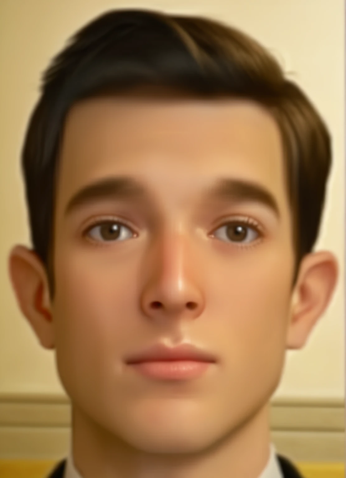 There is a ( College boy ) 20 years, with short hair and suit , asistente hiper realistic , sujeto hiper realistic , Chico anime realistic , anime style realism , estilo de arte anime realistic , estilo de arte de anime realistic , Estilo anime 3D realistic , Portrait of an anime boy , artwork in the guweiz style , Detailed Portrait of an anime boy , incredible anime face portrait . model, of Irish origin ( beautiful) y Anglo-American ( beautiful), I just saw the spectator , retrato( realistic :1.4), (:1.0), hazel eyes , eyes (perfect,Serious),eyelash( perfect girl ),shirt, eyebrows (perfect), dyed hair (brown ), perfect hair , straight hair (perfect), ( secretario professional ), hairstyle type , oval and elongated face , square face , triangular chin , thin face, slim build , ( Detailed , ultra ,,- Detailed , high Detailed , ultra realistic 8K CG, obra de arte perfect girl chica , lyrical), wooden table , flores, Internal, expression(carefree, Serious) , no earning, film, bokeh, professional, 4k, Dynamic and very detailed lighting , fotor realistic , 8K, raw, rico, Intricate Details , Peter Parker(spiderman)