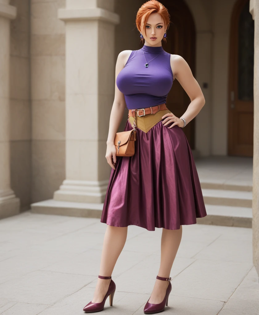 Full body shot, curvy thick body, large full natural breasts, redhead, Jessica Albert from Dragon Quest 8, high heel shoes, low-cut sleeveless purple top, transparent ankle-length flowing maroon skirt