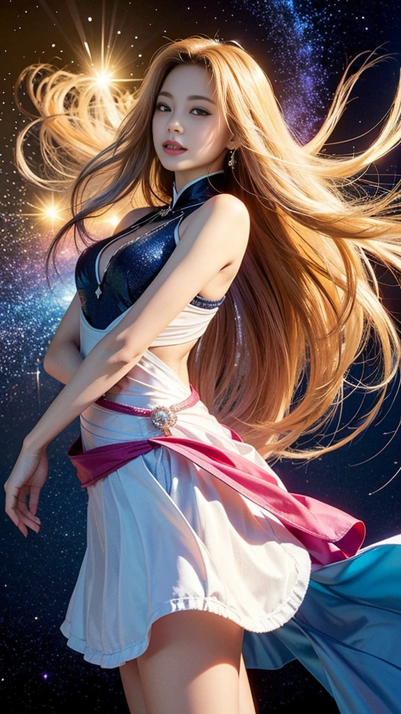 (tmasterpiece、topquality、topquality、official arts、Beautifully Aesthetic:1.2)、(1girl in)、very detailled、(s fractal art:1.3)、colourful、極端なディテール　Golden nine-tailed fox　Unusual gold background　facing forward　soft smile