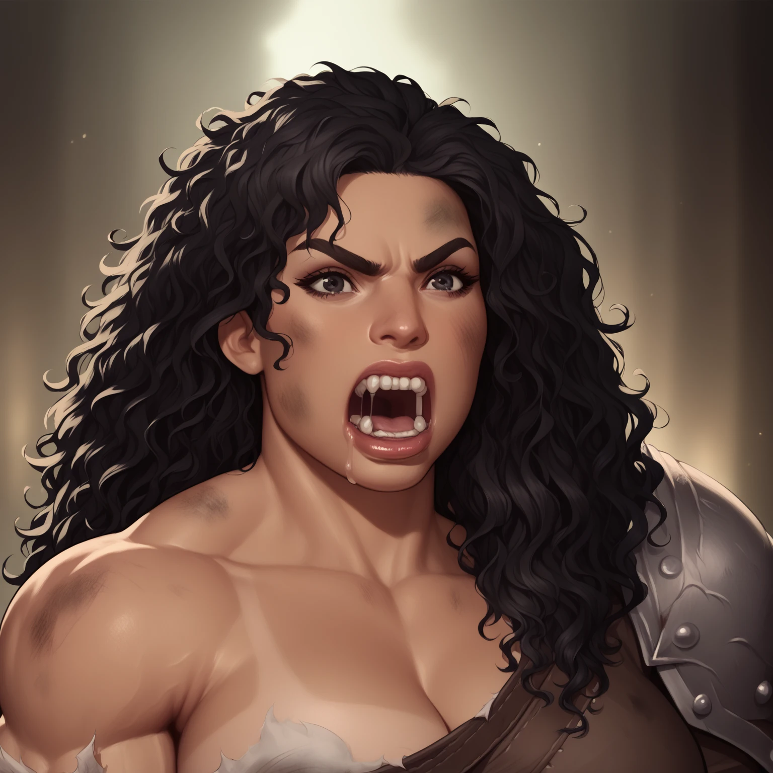 (((beautiful, high quality, comics style, detailed face))), score_9, score_8_up, score_7_up, BREAK, giant, a female barbarian:1.3, high stature, big nose:1.2, dark hair, curly hair, messy voluminous hair, (((massive muscular))), ((wide shoulder)), chubby, tanned skin, ((bushy eyebrows)), small black eyes, solo, portrait, upper body, portrait, Screaming, bearing teeth, drooling, (angry), fury expression, ((barbarian clothes, dirty)), fantasy outside, blurred background, Expressiveh, DeepNegative_xl_v1, detailxl, zPDXL3