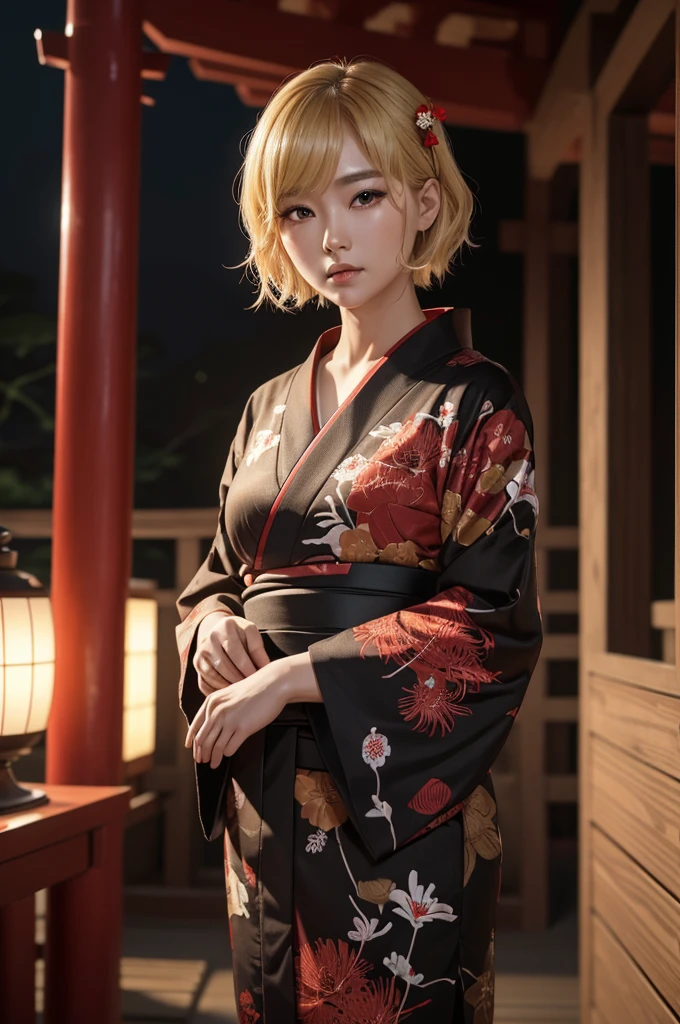 (8k, RAW photo, best quality, masterpiece:1.2),(real picture, intricate details), ultra-detailed, ultra highres, absurdres, depth field, [:intricate details:0.2],
1girl (solo), (light blonde hair:1.2), short hair, silky hair, bob cut, bang, hair ornament, beautiful face, beautiful detailed eyes, symmetric eyes,
(ulzzang-6500-v1.1:0.2)
[twbabe3, <lora:twbabe_3:0.35>:<lora:no135Girl_v10:0.5>:0.4]
((black yukata, japanese bathrobe, floral pattern)), small breasts,
(onsen, Japanese hot spring pool, steam, wooden bench, stone-rimed pool, hinoki bucket, wooden bucket),
black pines, japanese pagoda and mountains in the background,
slim legs,
pore, real human skin, shiny skin,
looking at the viewer, seductive, smile,
supermodel, fantasy, light on face,
detailed shadow, sharp focus, vibrant color, lens flare, bokeh,
