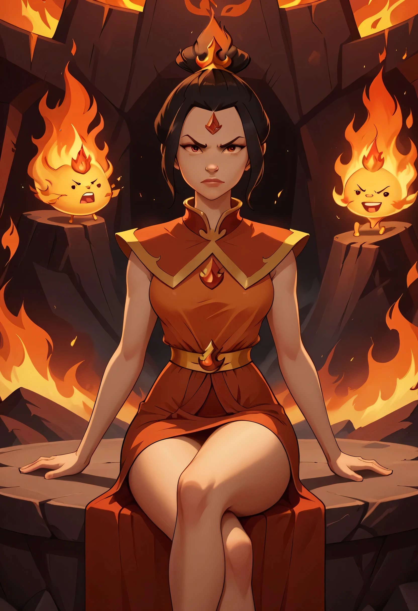 2D_CG, A gleaming ruby or stony throne with a being that looks like a alluring fire elemental woman on it. There's what looks like molten lava surrounding the throne and her lower and upper body looks like fire. Unity Render, Unreal Engine 5, Aesthetically-pleasing, Amalgamated Crossover character, combined, fused persona, Azula Looks like Flame Princess, Flame Princess Looks like Azula, Amalgamation character, solo, female, perfect face, Forehead Jewel, attractive face, short hair made of fire, Azula's hairstyle, Tiara, top bun made of fire, ornate clothing, from the Fire Nation, Avatar: The Last Airbender art style, Adventure Time art style, collaboration art style, commissioned fanart, character artwork, focus on character, epic inside of a volcano-themed background (with swirled flames), concept art, crossover artwork, white outline, black outline, double outlines, heavily outlines, perfect coloration, detailed hands, firm fingers, mouthing the words "come here", plenty of fire magic, orange flames, body made of flames, sultry facial-expression, slight smirk, come hither expression and pose, flame skin, skin made entirely of flames and fire, serious look, inspired by Ember, fire elemental, Princess of flames, fine detail, creative crossover artwork, flame effects, fire effects, surround by flames, flame and fire aura, determined and sensual eyes, focus on making very-detailed face and eyes, eye symmetry, face symmetry, epic scene, fire and flames in the background, humanoid, monster girl, flame elemental, sexy, alluring, sultry lips, sexy MILF, large breasts, heavy-hanging breasts, superb underlighting, underlighting from flames, flickering-effect underlighting, inspired by Sharon Stone, sitting, crossed legs, sexy legs, one leg out, dress with a side-slit, Outer Glow, and Drop Shadow, dramatic shadows, cinematic, high-budget movie_quality,, top-rated, top-tier artwork, score 9 and up, score 8 and up, made by artists who are the masters of their craft.