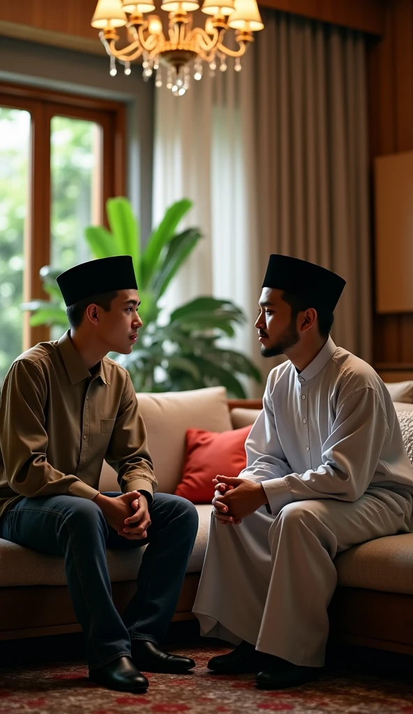 (photorealism:1.2), silhouette image, a man,wearing a traditional black cap typical of Indonesia, sit down, on the floor,is teaching, picture at the left end of the frame, light blue background
