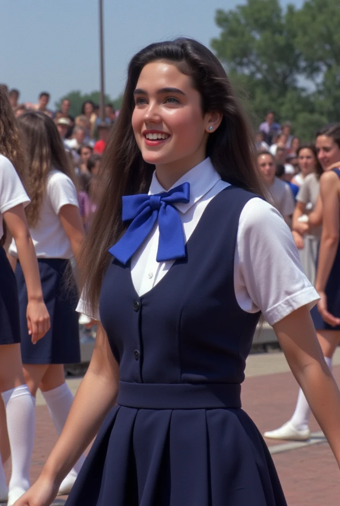 (masterpiece, best quality:1.2), from the front, a beautiful girl, (Jennifer Connelly at ), pure innocent face, whole body photo, she is enjoying dancing among other beautiful girls., a dynamic photo, she wears in a dark blue school uniform and skirt and white shirt with a vivid blue bow tie., her tall  and beautifully feminine body line is accentuated., healthy muscular beauty, very dymanic photo, her dark long hair is flowing., her vivid body,  ANATOMICALLY CORRECT , crowds of her fans in background.,bright natural light illuminates her beautiful face and body., 