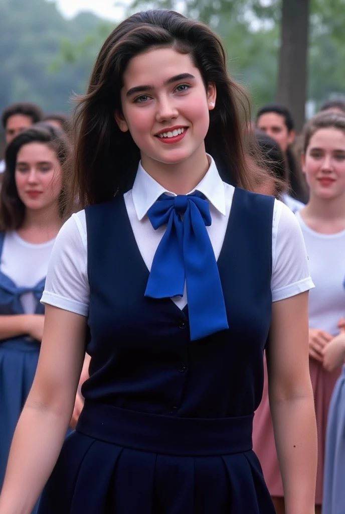 (masterpiece, best quality:1.2), from the front, a beautiful girl, (Jennifer Connelly at ), pure innocent face, whole body photo, she is enjoying dancing among other beautiful girls., a dynamic photo, she wears in a dark blue school uniform and skirt and white shirt with a vivid blue bow tie., her tall  and beautifully feminine body line is accentuated., healthy muscular beauty, very dymanic photo, her dark long hair is flowing., her vivid body,  ANATOMICALLY CORRECT , crowds of her fans in background.,bright natural light illuminates her beautiful face and body., 