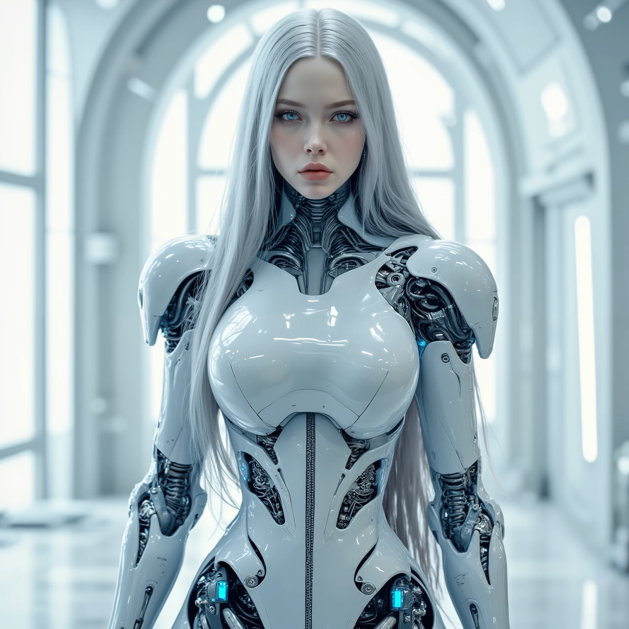 (photorealism:1.2), character 1: korean girl, long silver hair, massive boos, big boobs, android body, silver robotic arms, silver robotic legs, blue glowing details in amrs, glowing blue details on kegs, serious face expression, background, sci-fi white room, HD