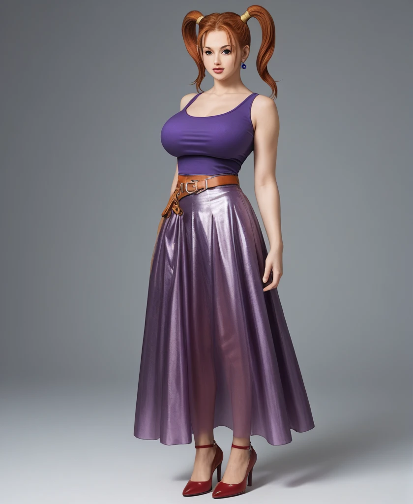 Full body shot, curvy thick body, large full natural breasts, redhead, hair in twin ponytails on each side of her head, Jessica Albert from Dragon Quest 8, high heel shoes, low-cut sleeveless purple top, transparent ankle-length flowing maroon skirt