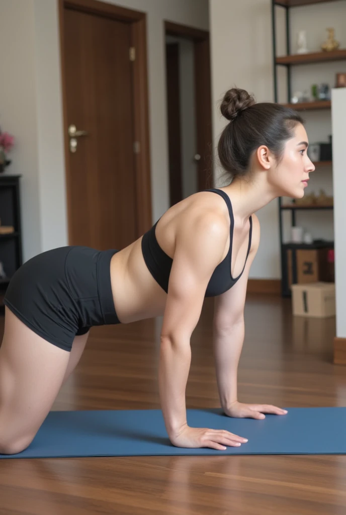 The camera angle appears to be a low behind angle, positioned near floor level and slightly off-center to the model’s left. This angle provides a side view of the person’s posture, emphasizing her body alignment and the exercise position on the yoga mat. The setup allows for a clear view of her form and positioning during the workout.
in this picture shows a woman engaged in a fitness or workout session, positioned on a yoga mat. She is not wearing bra ,only wearing black shorts yoga pant with her body in a low plank position, supporting herself on her forearms and knees. Revealing her breast .The background reveals a home interior setting, including a door, some shelves with various items, and minimal decor. The image appears to capture a moment during a workout routine, focusing on a core or leg exercise.