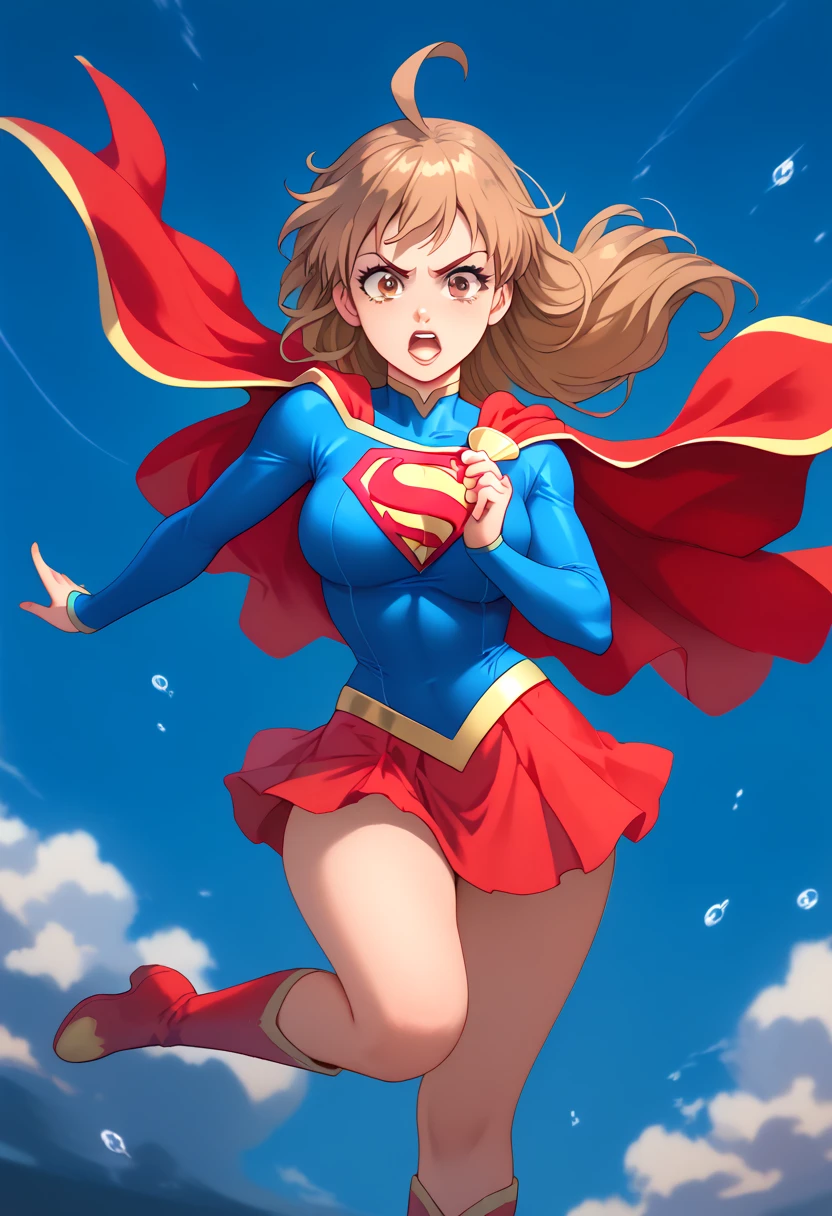 Mimori Amamiya, known for her sweet and gentle demeanor, radiates confidence and strength in the classic Supergirl costume. The bright blue top, adorned with the iconic red and yellow 'S' emblem, contrasts beautifully with her soft features and signature light brown hair that falls gracefully around her shoulders. A bright red cape flows behind her, adding a sense of movement and heroic flair to her usually calm and thoughtful presence. The red skirt and matching knee-high boots complete the look, emphasizing her elegance and agility. Mimori’s usual kind and caring expression now holds a determined and heroic glow, blending her natural compassion with the power and strength associated with Supergirl. This transformation highlights her inner courage, showing that while she is kind, she is also capable of standing up for what’s right. In this heroic guise, Mimori embodies the perfect blend of grace, compassion, and strength, ready to protect those she cares about with unwavering determination. brown eyes,long hair,clover hair ornament,ahoge