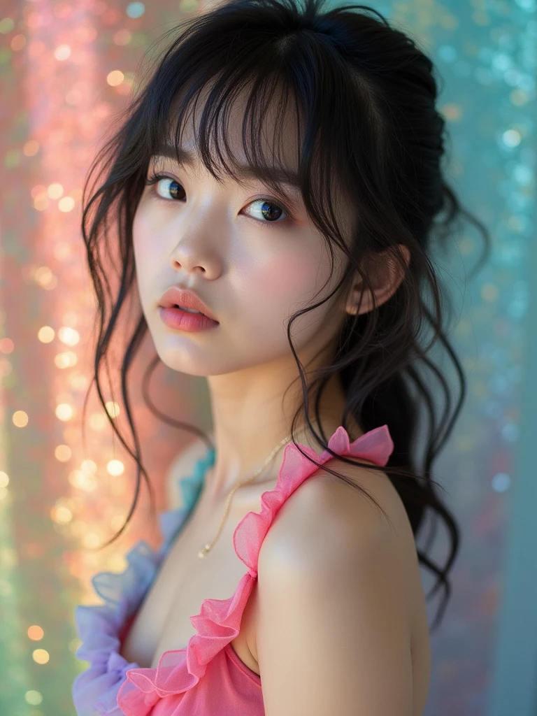 Best quality, face focus, soft light, super high resolution, (Realism: 1.4), raw photo, one Japanese girl, one person, cute, (pupils, light in eyes), beautiful face details, (small box), (high resolution details of human skin texture), (long hair), (portrait),((Colorful Bikinis:1.3)), Swimwear,Upper Body,