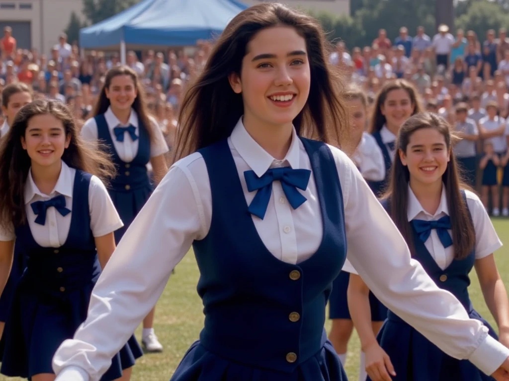 (masterpiece, best quality:1.2), from the front, a beautiful girl, (Jennifer Connelly at ******), pure innocent face, whole body photo, she is enjoying dancing among other beautiful girls dancing in unison., a dynamic photo, she wears in a dark blue school uniform and skirt and white shirt with a vivid blue bow tie., her tall  and beautifully feminine body line is accentuated., healthy muscular beauty, very dymanic photo, her dark long hair is flowing., her vivid body,  ANATOMICALLY CORRECT , crowds of her fans in background.,bright natural light illuminates her beautiful face and body., 