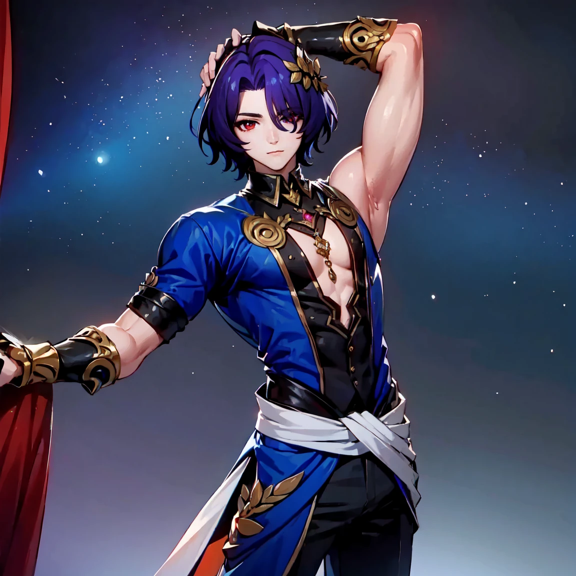 Honkai Star Rail style. Athletic man. Brownish skin. 40 years. Dark purple hair. Background in Egyptian sands. Egyptian clothing. Heterochromic eyes (yellow and purple). He has a grumoy personality.