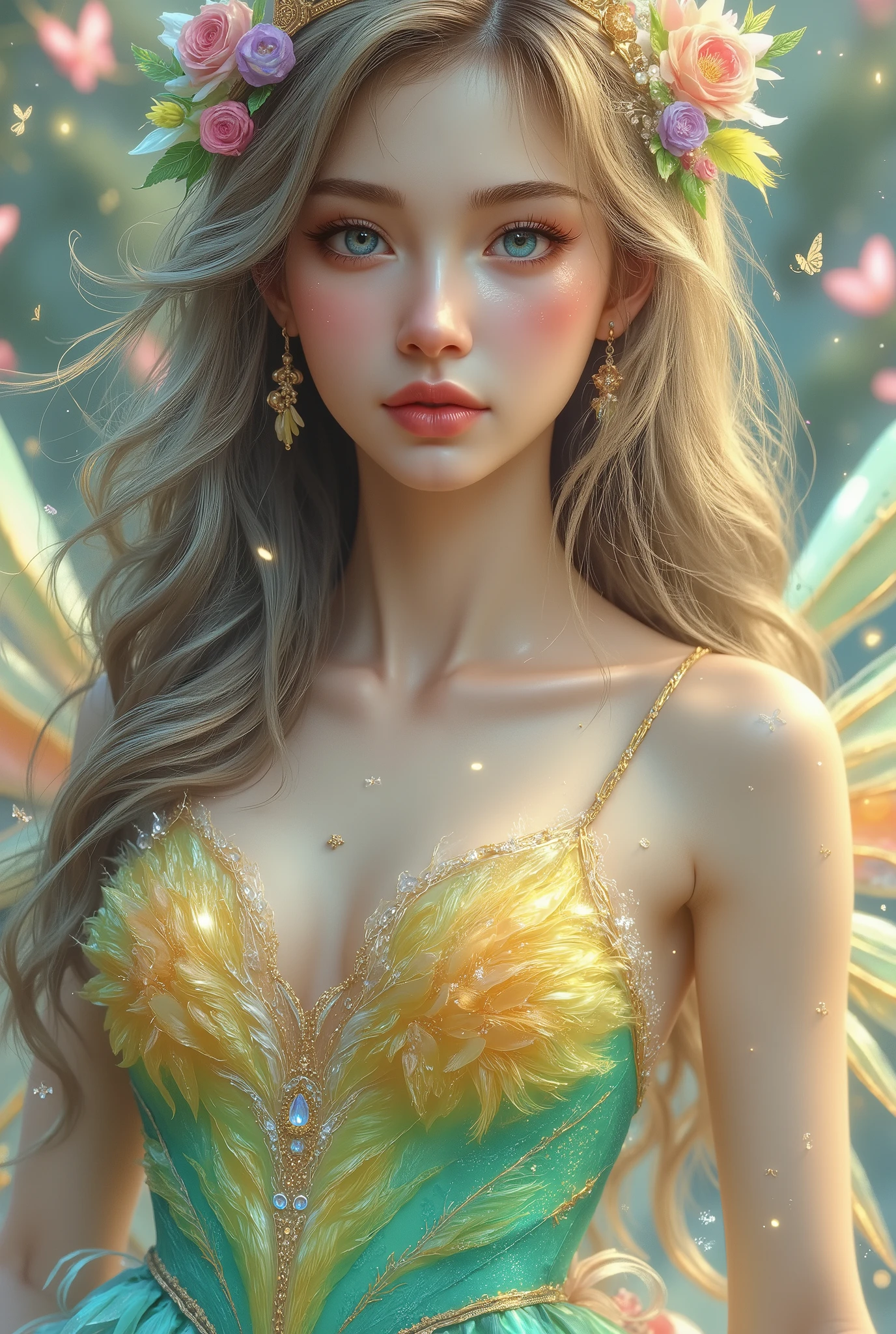 (Canon), (EOS R5), (50mm), (No lens flare :1.5), (超 High Resolution :1.5), (masterpiece), Accurate, (( Photorealistic:1.9)), ((解剖学的にAccurate人体:1.4)), ( realisticな質感の肌), more details, high detail, High Resolution , Award-winning works,32K, depth of field, digital camera, Award-winning glamour photo , professional lighting, (( Vivid, bright, beautiful, and delicate professional art photo :1.5)), ((Vivid and bright professional art photo )), (( best quality :1.5)), ((masterpiece:1.5)), (( realistic)), ( beautiful, vivid, and bright atmosphere ), ( very beautiful and cute 1 French woman ), (((Full body shot from the top of the head to the feet :1.5))), (( A depiction that makes you feel the movement of dancing while spinning lightly and happily)), ((Long golden hair and clothes dancing big in the wind )), (( fairy princess in a fantasy world )), (( beautiful and beautiful, A -yeld wh French girl. )), (( A very cute, ish look. )), ( beautiful and fluffy blonde long hair ), ((ルビーとダイヤが散りばめられた豪華な金のティアラと LOTS OF COLORSとりどりの花で飾られた花の冠をかぶっている:1.5)), ((Extremely detailed and realistic skin :1.5)), (You can see an enchanting large cleavage of the bust ), (( realistic skin)), ((Quite large bust, F Cup)), (( Extremely Detailed and Realistic Brown Sparkling Eyes :1.5)), (( beautiful catchlight on the eyes:1.4)), (( extremely sexy and beautiful clear blue eyes :1.5)), (( Extremely detailed, long, beautiful eyelashes :1.5)), ((Extremely detailed and beautiful eyebrows :1.5)), (( Extremely detailed and charming moisturized lips :1.5)), (( White realistic teeth arranged beautifully )), ( cute woman wearing a very bright pale green and very bright yellow sparkling fairy style dress ), (( A fairy style dress with very bright pastel butterfly wings :1.5)), LOTS OF COLORS々 deep covering a crown of flowers , Long brown hair and clothes fluttering big in the wind , looking at me with a gentle and cute expression , (A cute smile that shows some teeth:1.5), Skin feels soft , Natural makeup with gentle hues , Clear and fresh atmosphere , The delicately embroidered v-neck dress has a bright pale green and bright yellow gradation and is beautiful as if receiving light , The hem of the dress has a soft, wavy form and creates a light atmosphere , 背景はぼかしがあるアートな雰囲気の LOTS OF COLORSとりどりの花が一面に咲いている鮮やかでとても美しい風景でとても柔らかな光が降り注いでいる, A dreamy image characterized by extremely vivid colors and delicate depictions , wearing a pale green and yellow fairy style dress Women , Beautiful footage from the movie , (( Lots of sparkling light blue, pink, and yellow pastel-colored butterflies are flying all around )), ( Beautiful Depiction That Makes You Feel the Movement Joyfully Dancing While Spinning in the Wind ), ( Her hands are not shown as much as possible. ), Accurate手の形,Accurate指の形,Accurate指の数,5 fingers on one hand