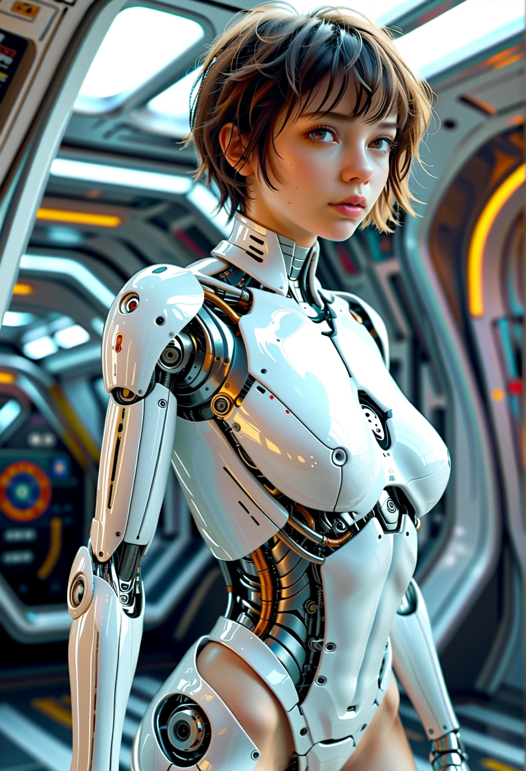 a lovely female robot, obviously mechanical, lifelike face, few open maintenance panels, standing in a machine shop on a space ship, highly detailed, intricate mechanical details, cinematic lighting, vibrant colors, futuristic, 4k, photorealistic, masterpiece, hyper detailed, exquisite craftsmanship, seamless integration of organic and inorganic elements, dynamic pose, emotive expression, cinematic atmosphere, stunning realism, mesmerizing mechanical elegance, expertly rendered