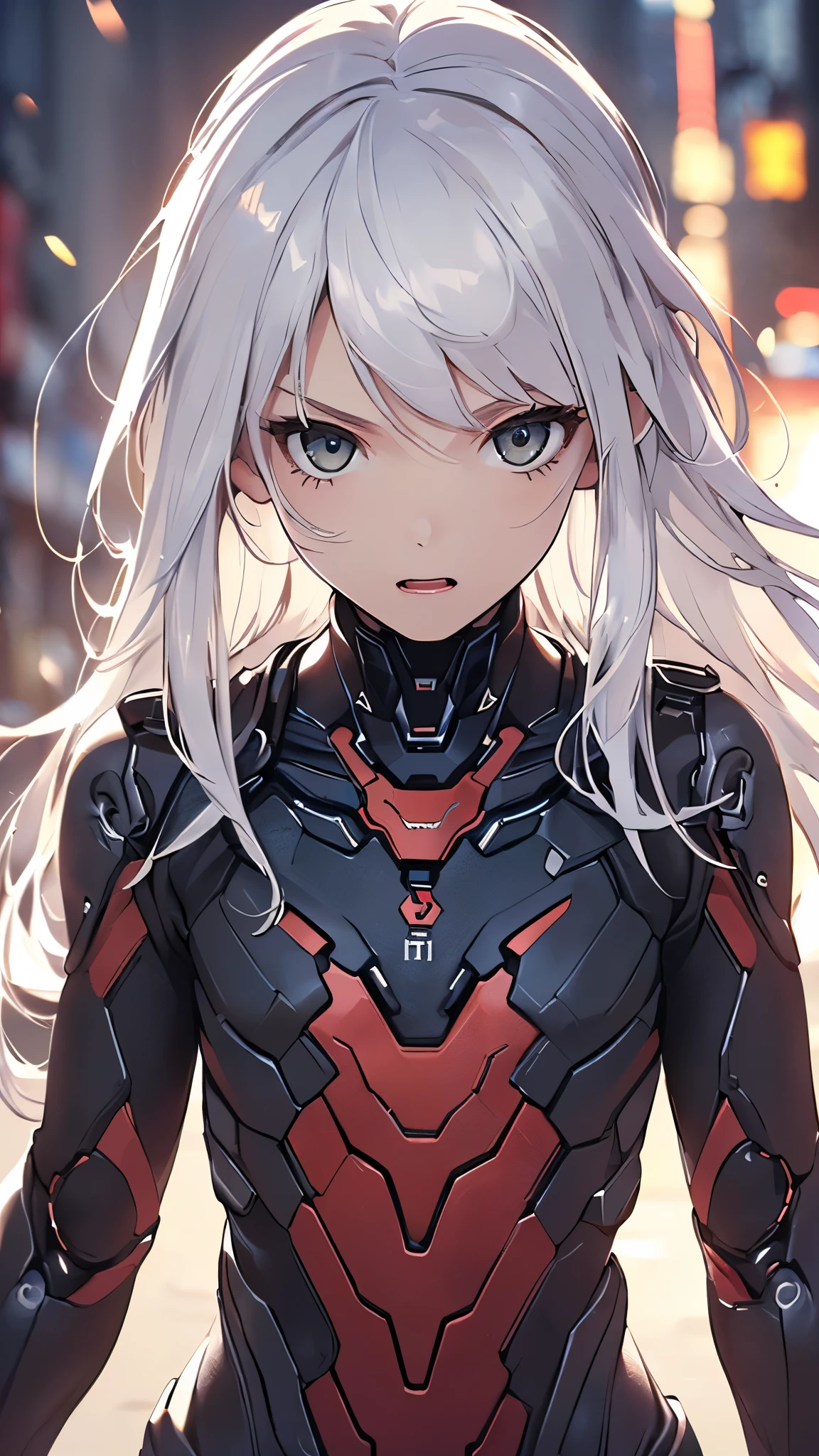 (( top quality、 excitement 、 complete anatomy、Five fingers、Full Arms、 Details)),woman,(((woman、 Look Down、Alone, slightly brownish white hair、mechanical suit、under boob, undress, emphasizes body lines 、surprised expression、 embarrassing expression )))