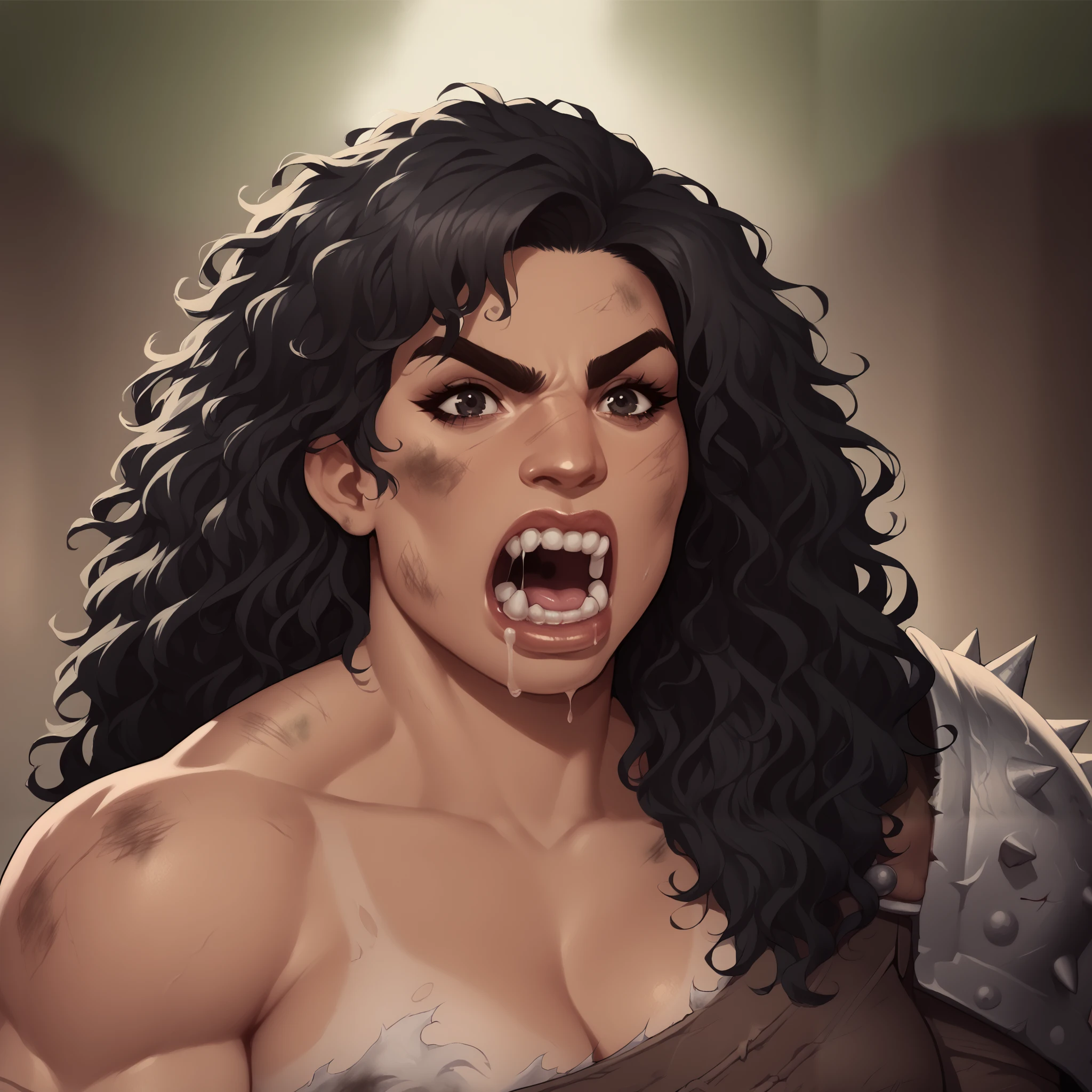 (((beautiful, high quality, comics style, detailed face))), score_9, score_8_up, score_7_up, BREAK, giant, a female barbarian:1.3, high stature, big nose:1.2, dark hair, curly hair, messy voluminous hair, (((massive muscular))), ((wide shoulder)), chubby, tanned skin, ((bushy eyebrows)), small black eyes, solo, portrait, upper body, portrait, Screaming, bearing teeth, drooling, (angry), fury expression, ((barbarian clothes, dirty)), fantasy outside, blurred background, Expressiveh, DeepNegative_xl_v1, detailxl, zPDXL3