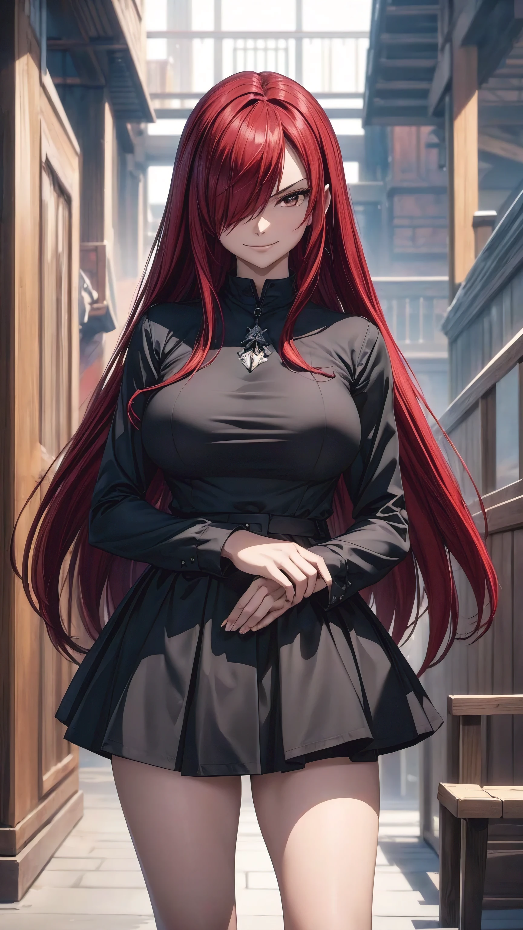 Erza Scarlet, (((red hair, long hair, hair over one eye))), ((((casual black shirt, black skirt,dress modestly)))), has model style, oppai, full cosplay, Ultra HD Quality, ((sharp face)), official art, beautiful, ((mature, 30 years old)), evil smile, ((big round breast)), perfect body, ((Ultra HD Quality Wallpaper, HD picture, 16k Quality Wallpaper)), 1 female, solo, female, ((1 woman, 1 female, ((solo)), one female, 1 woman)), detailed face, detailed art, (((standing model pose))), hd background, half body, (((Evil Smile))), (((masterpiece, best quality:1.2))), 1girl, solo, ultra high resolution, 8K, 16K, ultra high quality, RAW photo, ((extremly detailed)), high quality, charm, asian girl face, beautiful, the best lightin, the best proportion pose, soft light, natural light, detailed light, realistic light, Professional, Amazing, the best visual, enhance, ultra-high detail, 8K, 16K, ultra-high realistic, high resolution, the best resolution, high rendering realistic, detail hands, detail anatomy, detail face, detail body, (high detail), detail arms, (high detail fingers), the best proportions, detail nails, (detail intricated), ((potrait)), the best pictures, the best images, hdr, dslr, fix , fit, full color,