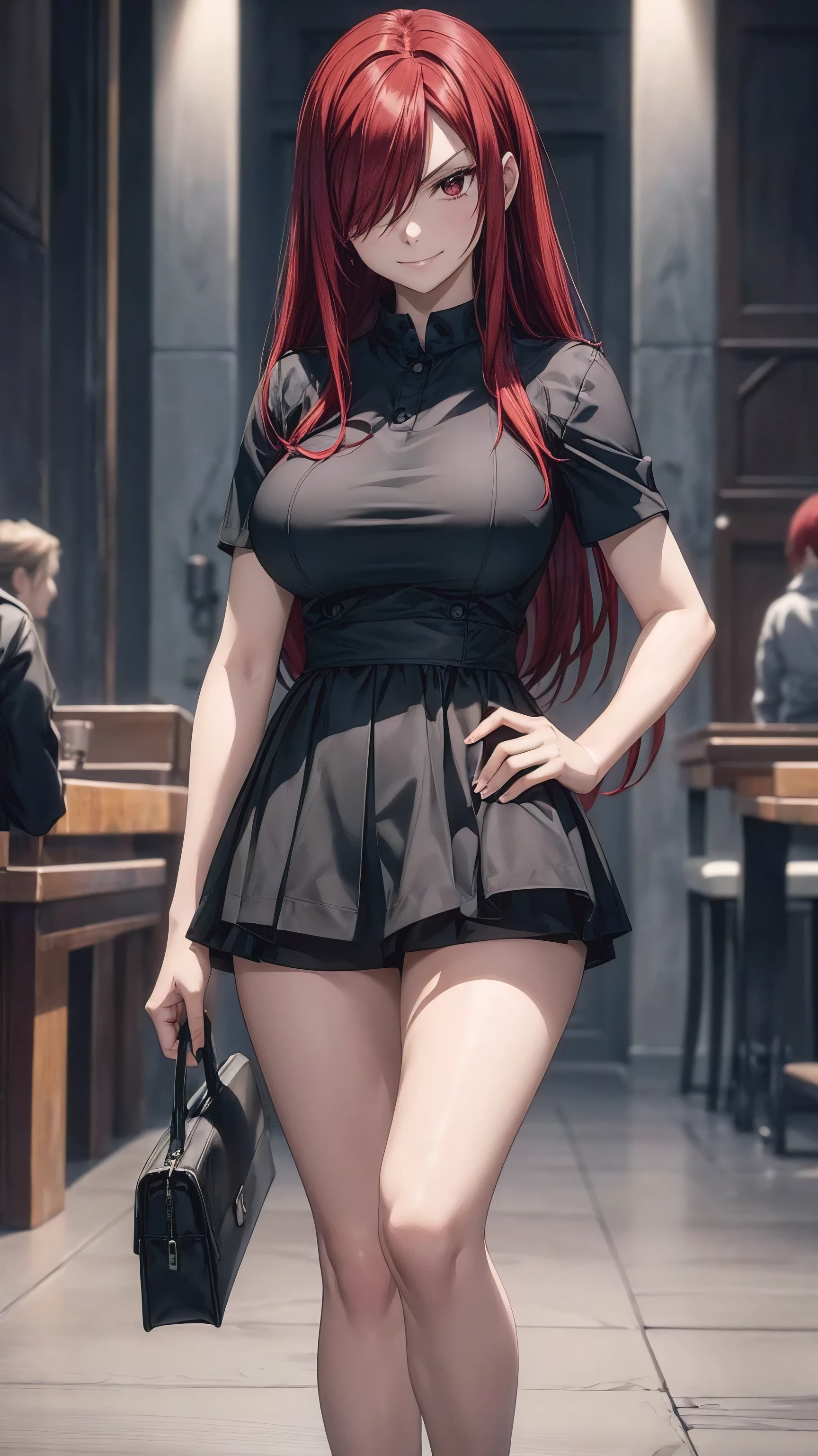 Erza Scarlet, (((red hair, long hair, hair over one eye))), ((((casual black shirt, black skirt,dress modestly)))), has model style, oppai, full cosplay, Ultra HD Quality, ((sharp face)), official art, beautiful, ((mature, 30 years old)), evil smile, ((big round breast)), perfect body, ((Ultra HD Quality Wallpaper, HD picture, 16k Quality Wallpaper)), 1 female, solo, female, ((1 woman, 1 female, ((solo)), one female, 1 woman)), detailed face, detailed art, (((standing model pose))), hd background, half body, (((Evil Smile))), (((masterpiece, best quality:1.2))), 1girl, solo, ultra high resolution, 8K, 16K, ultra high quality, RAW photo, ((extremly detailed)), high quality, charm, asian girl face, beautiful, the best lightin, the best proportion pose, soft light, natural light, detailed light, realistic light, Professional, Amazing, the best visual, enhance, ultra-high detail, 8K, 16K, ultra-high realistic, high resolution, the best resolution, high rendering realistic, detail hands, detail anatomy, detail face, detail body, (high detail), detail arms, (high detail fingers), the best proportions, detail nails, (detail intricated), ((potrait)), the best pictures, the best images, hdr, dslr, fix , fit, full color,