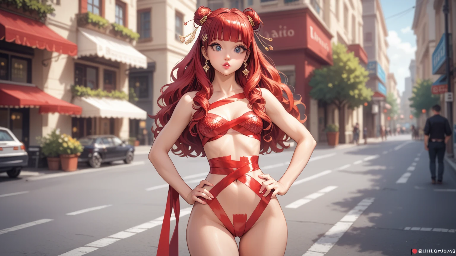 cat ear,Half realistic,Highest image quality,animemanga girl,red tinted hair,Extra-long hair,Need,oriental face,Leakage out of the navel,