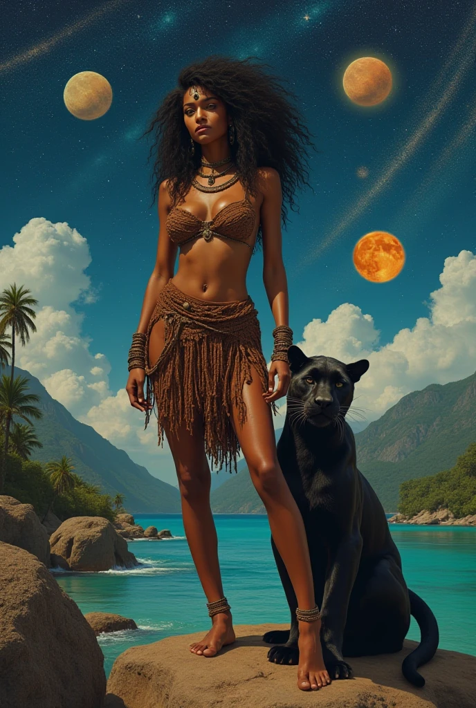 TATTOOED SAMOAN WOMAN DANCING WITH WOLVES ON A STARRY NIGHT BY THE SEASHORE