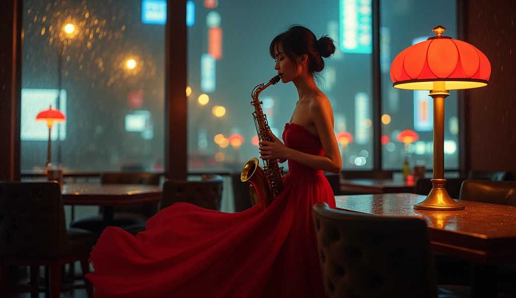 Woman playing the piano。黒のレザーのcorset before ?????? insertionとレースの装飾が付いたランジェリーを着用しています。She cuts her bright reddish brown hair short、Her skin is fair。She has red lips and bright eyes。posture of tights is full of confidence、beautiful asian flight attendant staring at the camera in front of the seat。corset before ?????? insertion、gloves、The、The combination of black and lace creates a chic vibe。
old tango bar in Buenos Aires「In the bar courtyard、wine stains spread on the ground、moonlight highlights melancholy in the bar courtyard。」