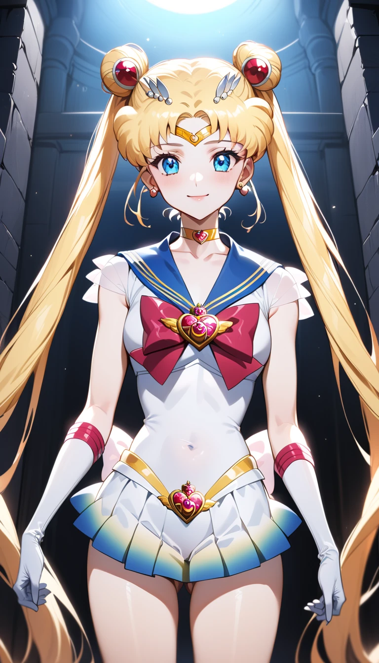  best quality ,  ultra detail, ( 1 girl, Alone, Super Sailor Moon, double bun ,  Twin Tails, crown,  earrings,  choker , bow,  gloves,  leotard,  Miniskirt,  gentle smile,  standing ,,),  dungeon