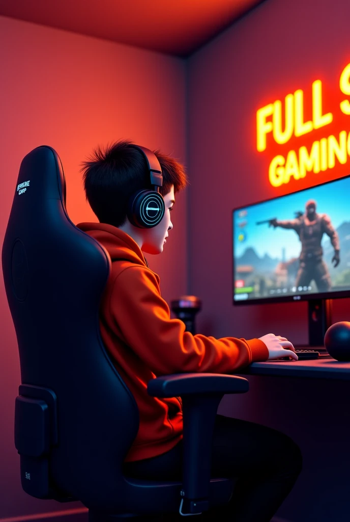Create a realistic 3D image of a boy sitting in a gaming room on a gaming chair and playing the Free Fire app on his pc. The boy should be wearing a dark orange hoodie and headphones and his name "Lucas Artt" is written on the wall in orange neon light.