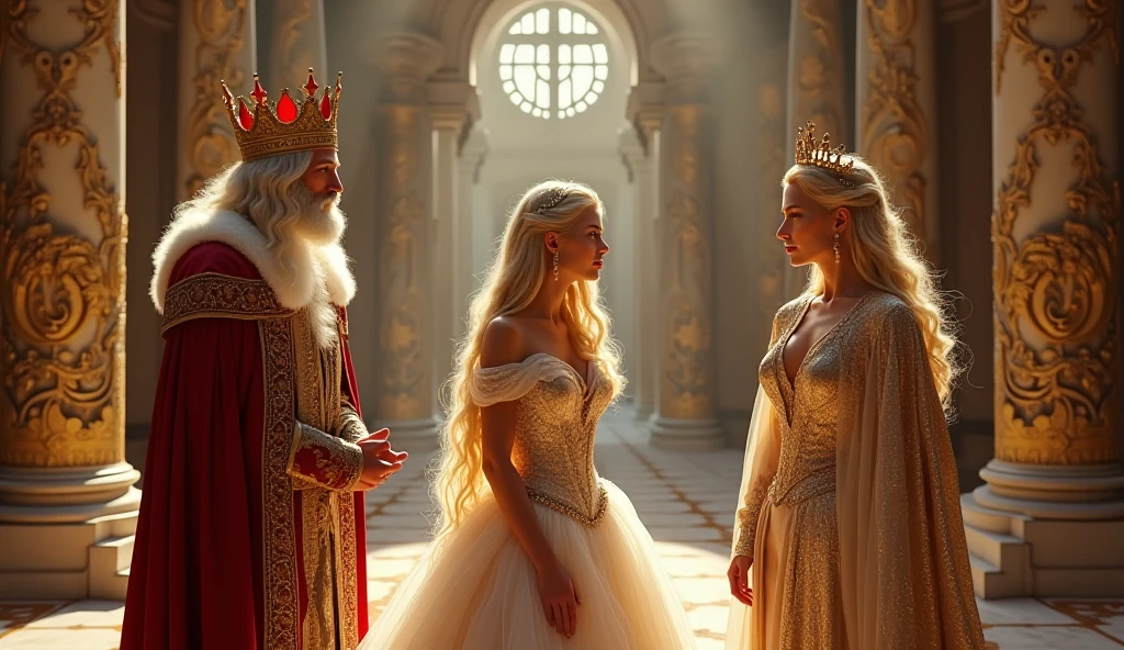 1 girl, (25 years old), blond hair, green eyes, (perfect European noble face: 1.1), (maximum picture quality: 1.1), (perfect figure: 1.1), royal clothes, royal regalia, golden crown, inside the palace, masterpiece, golden dress, throne room.