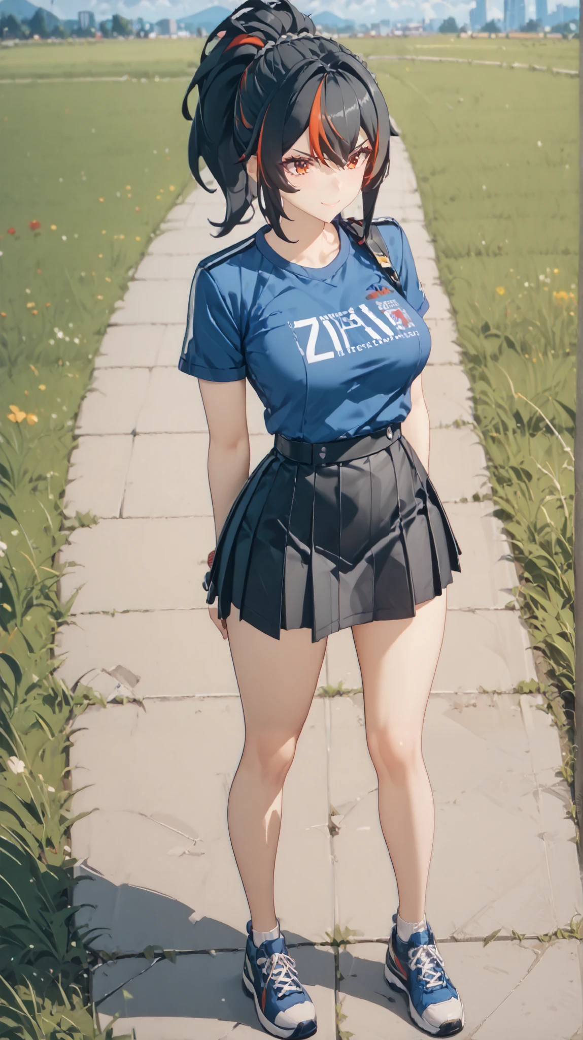 Masterpiece, extremely detailed,4k,solo, 1girl, Zhu yuan,Smile, Tsundere,  ponytail streaked hair, blussesh cheeks, long hair,full body ,perfect slim body ,long legs,arms behind back,perfect slim body, very large breasts,white tshirt,Short sleevee,  ((Black span skirt)), cowboy shoot,((grass)), Front look, ((looking at viewers)) 
