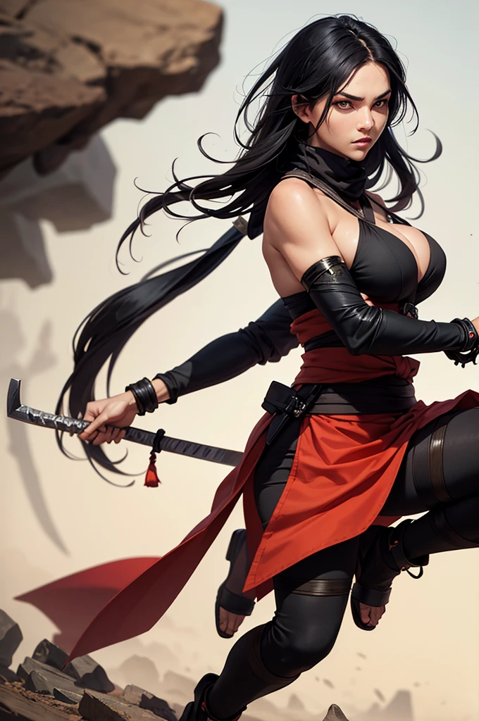 high quality fingers, normal hands, detailed fingers, masterpiece, (realistic, photo-realistic: 1.37), realistic, 1girl, long hair:1.5, black hair:1.2, red eyes:1.5, bright eyes, mortal kombat, ninja, blood, scar, weapons, kimono, dress, mortal kombat costume, large breasts, fighting pose, serene look, temple, meditation, injuries, mask, face mask, eyes to the sky