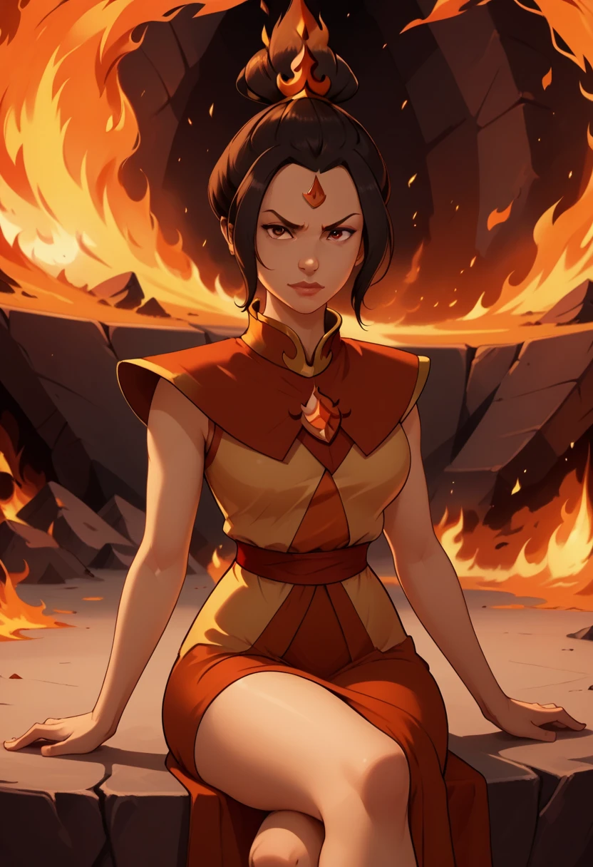 flawless2D_CG, A gleaming ruby or stony throne with a being that looks like a alluring fire elemental woman on it. There's what looks like molten lava surrounding the throne and her lower and upper body looks like fire. Unity Render, Unreal Engine 5, Aesthetically-pleasing, Amalgamated Crossover character, combined, fused persona, Azula Looks like Flame Princess, Flame Princess Looks like Azula, Amalgamation character, solo, female, perfect face, Forehead Jewel, attractive face, short hair made of fire, Azula's hairstyle, Tiara, top bun made of fire, ornate clothing, from the Fire Nation, Avatar: The Last Airbender art style, Adventure Time art style, collaboration art style, commissioned fanart, character artwork, focus on character, epic inside of a volcano-themed background (with flames), concept art, crossover artwork, white outline, black outline, double outlines, heavily outlines, perfect coloration, detailed hands, firm fingers, mouthing the words "come here", plenty of fire magic, orange flames, body made of flames, sultry facial-expression, slight smirk, come-hither expression and pose, flame skin, skin made entirely of flames and fire, serious look, inspired by Ember, fire elemental, Princess of flames, fine detail, creative crossover artwork, flame effects, fire effects, surround by flames, flame and fire aura, determined and sensual eyes, focus on making very-detailed face and eyes, eye symmetry, face symmetry, epic scene, fire and flames in the background, humanoid, monster girl, flame elemental, sexy, alluring, sultry lips, sexy MILF, large breasts, heavy-hanging breasts, superb underlighting, underlighting from flames, flickering-effect underlighting, dimly-lit,inspired by Sharon Stone, sitting, crossed legs, sexy legs, one leg out, dress with a side-slit, Outer Glow, and Drop Shadow, dramatic shadows, cinematic, high-budget movie_quality,, top-rated, top-tier artwork, score 9 and up, score 8 and up, made by artists who are the masters of their craft.