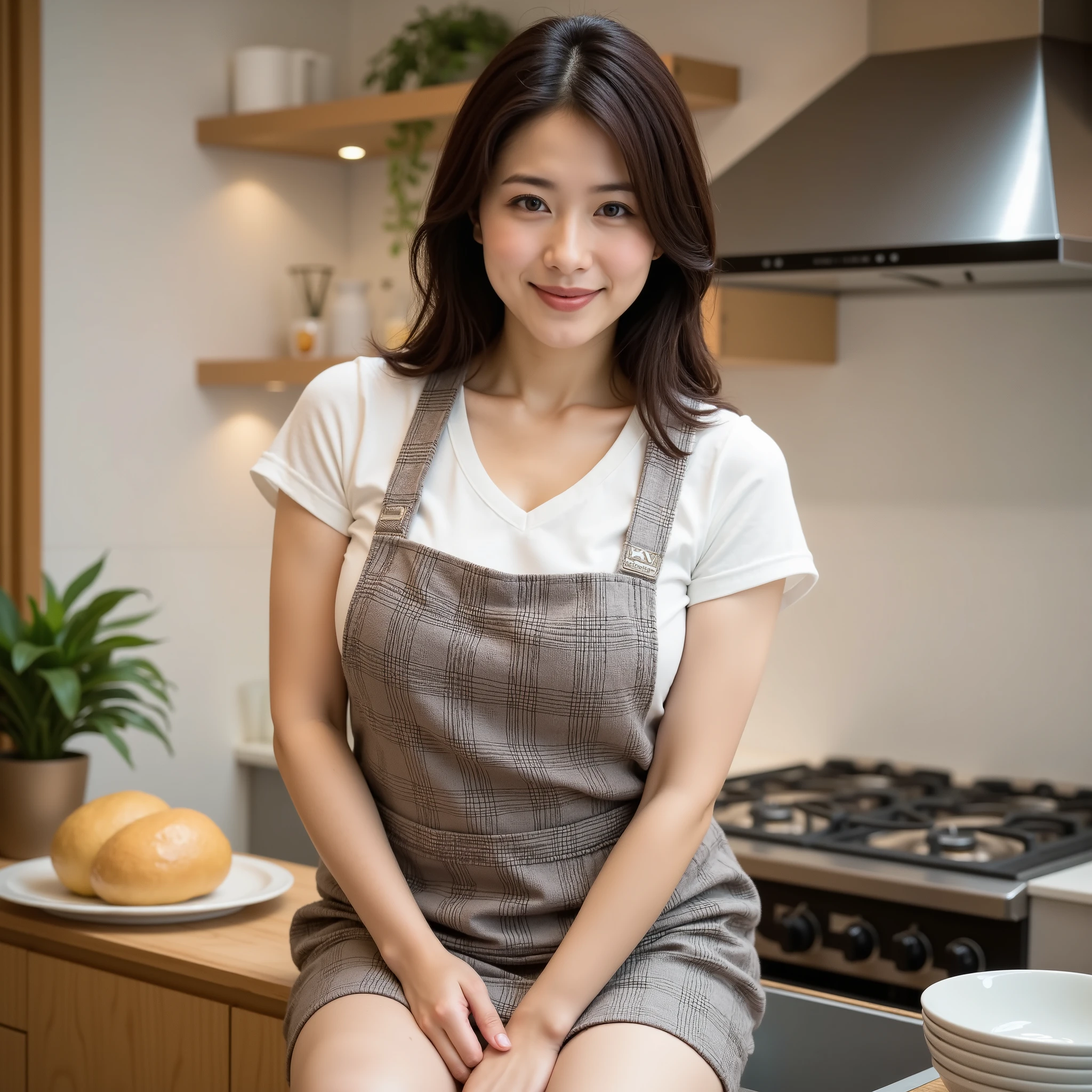 『1 personの日本人の女の子:1.3』『 Actual photo:1.3』 top quality :1.2、(( Big Breasts ))、 slightly visible bust 、(( young woman))、(( she has red cheeks ))『 smiles :1.9』、((( anatomically correct 、 Complete anatomy、 anatomically correct 指)))、 realistic , top quality , ultra high definition, RAW photos , ( curvy body )、
(( top quality )), ((Masterpiece)), ( Details), 1 person, sexy、A Masterpiece of idol cuteness! active housewife , Age 30, she's cooking in the kitchen wearing a visible apron . dynamic lighting takes a round face , emphasizes her thin eyes and perfect appearance . adult shortcuts , This is an exquisitely crafted professional work {x} カメラは彼女のふっくらとした頬と Big Breasts にズームインします, 白いワイシャツが彼女の Big Breasts 元を強調しています. A very short plaid skirt fits her thighs perfectly , the angle facing down captures the best smile There , shows off her realistic body and fine details . theme, shows off her realistic body and fine details , natural appeal even without makeup , her bust is an elaborate and professional job . 20th Generation,