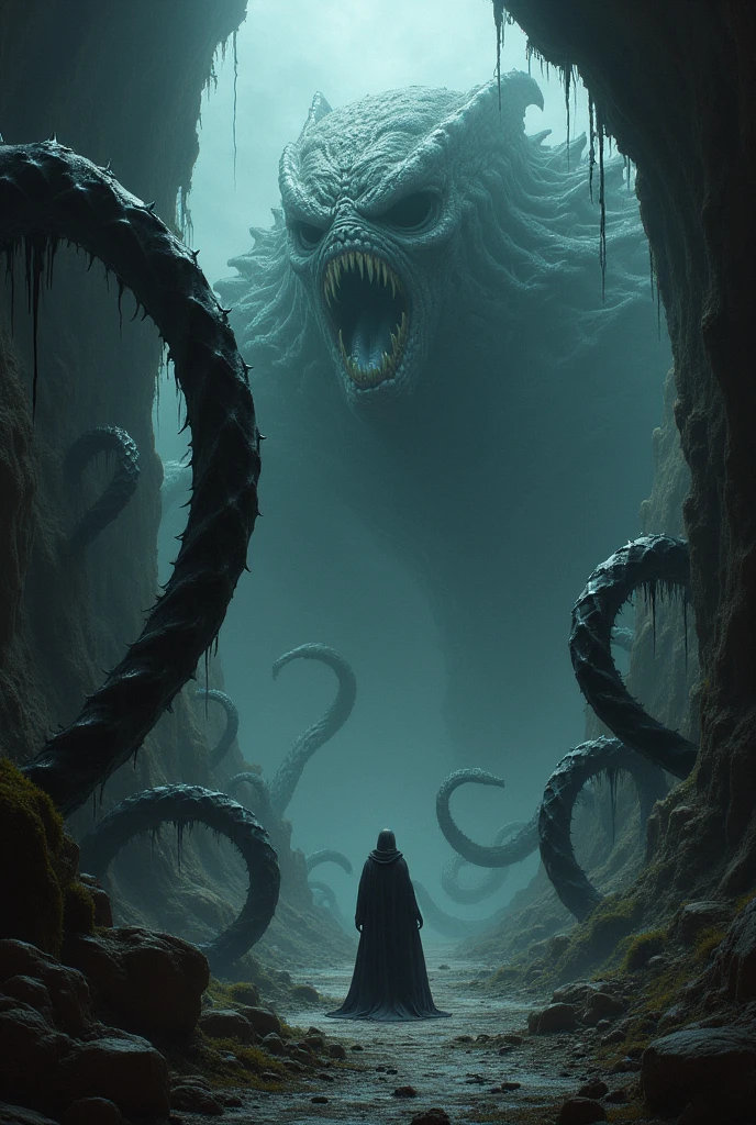 A glowing black Cthulhu monster walking in a cave,Emitting black mist,Invisible,Blurry monster,It's huge,Lovecraftian gods,The terrifying god,The abyss of madness。Lovecraft atmosphere,Lovecraftian inspiration,lovecraftian background,Dark background,Weird atmosphere,Strange sounds,Doomsday atmosphere,Unpredictable atmosphere。