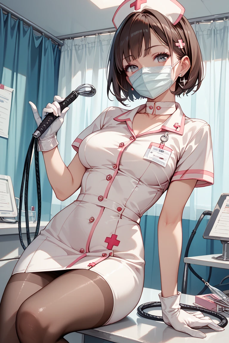 Beautiful mature woman、 Bblack hair, Nurse、hospitals、sitting, legs spread open, white transparent panties, hospital room