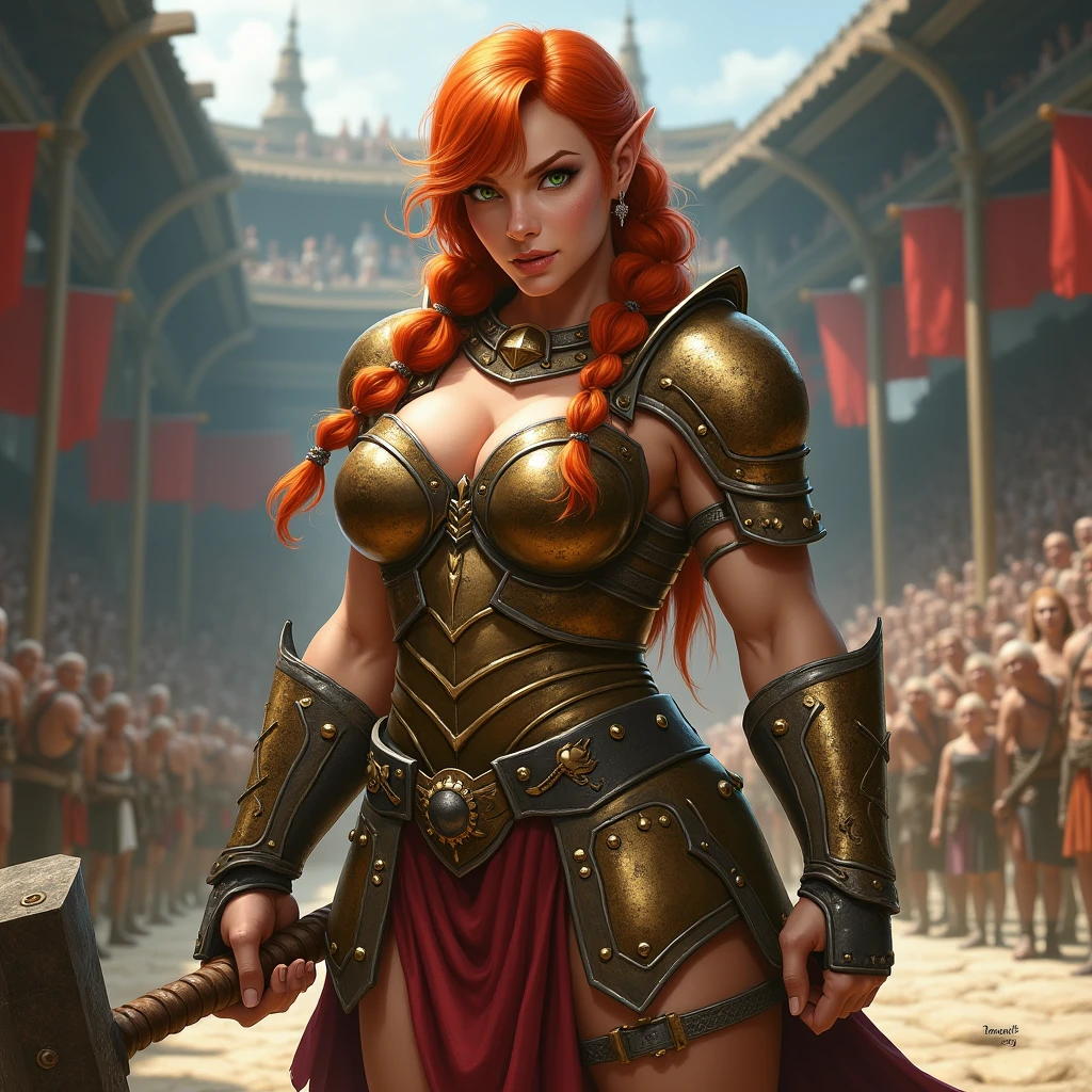 Close up of Dwarven woman, orange hair, maroon armor with gold trim, heavy armor, chubby cheeks, green eyes, freckles on cheeks, freckles on top of breasts, freckles on legs, she has a thin waist that emphasizes her ample bosom and wide hips and round bottom. the tops of her breasts spill out for her top. exterior background, blue sky, battleground, smoke, fire, fighting. Show her holding a war hammer, fighting a group of goblins crouched in a battle stance. She has an intense focused look on her face ready to face the threats around her. goblins surround her, surrounded by green goblins. super high quality, super high detail, masterpiece, 4k, 8k, HDR, masters of the universe, vibrant colors, dark shadows, dim lighting, 3DMM