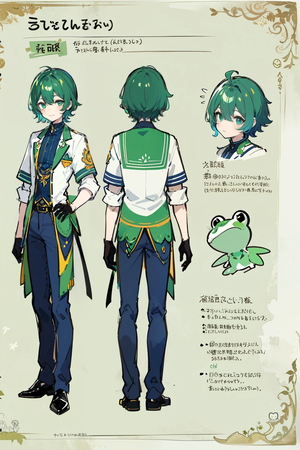 1boy in, ((Character information)、(Chara Leaf)、Type sheet, Character Sheets, Three types,Shot Full Body,Game Character Design,Colorful, Bright, frog gijinka