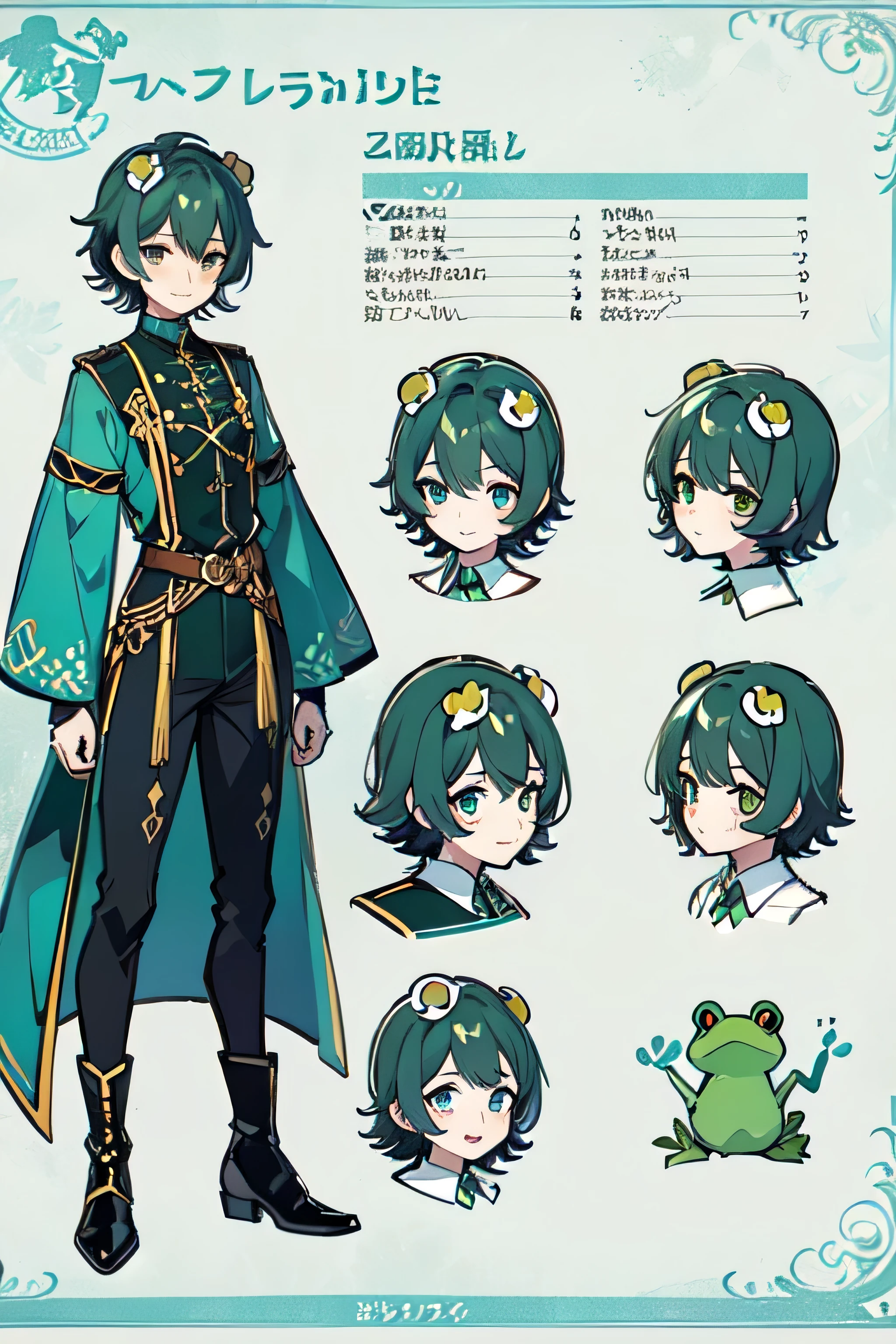 1boy in, ((Character information)、(Chara Leaf)、Type sheet, Character Sheets, Three types，Shot Full Body，Game Character Design，Colorful, Bright, like a frog