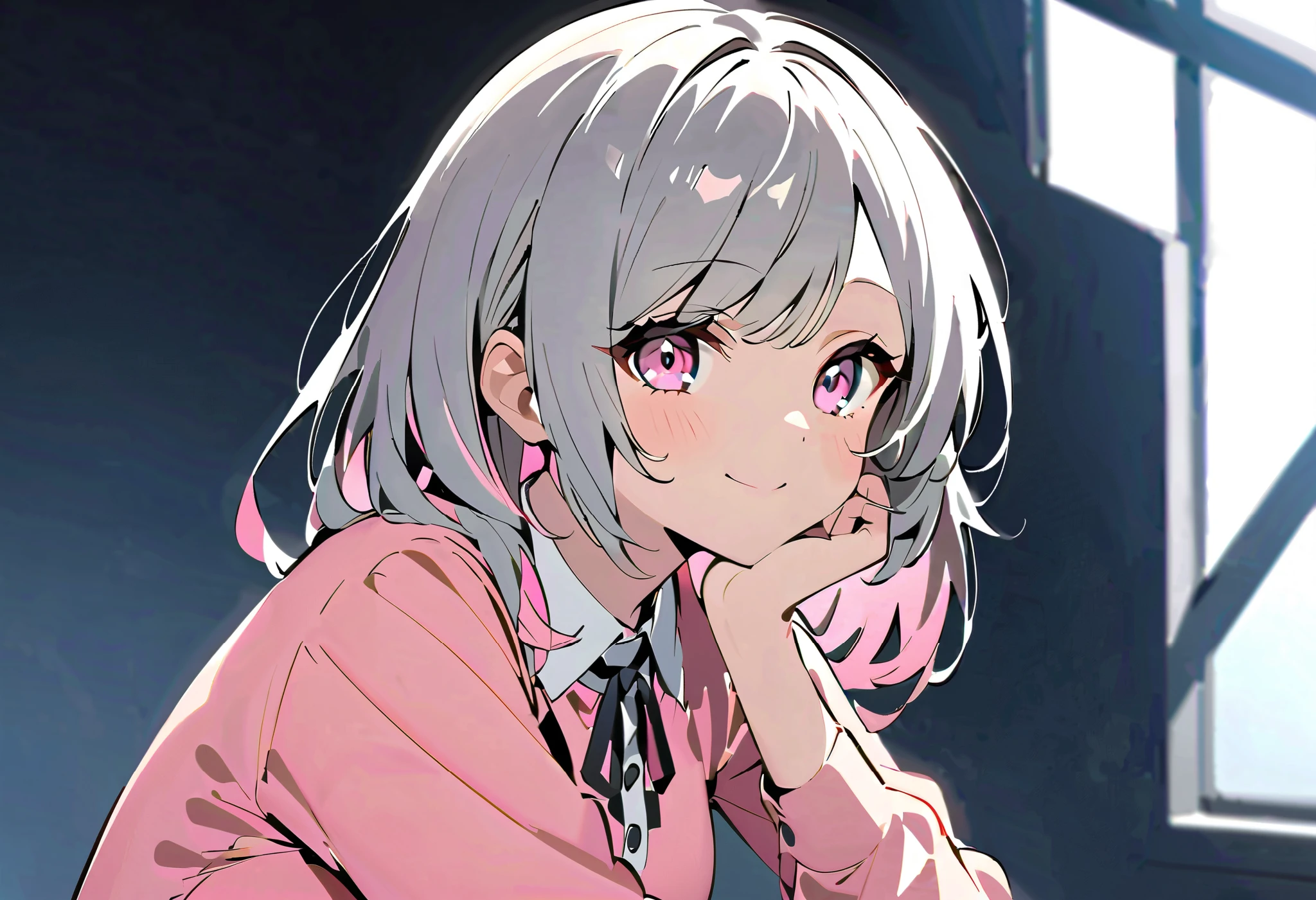 Devilish Smile 、Devil Costume、 Dark Room、asymmetry bangs, swept bangs、{{{masterpiece}}}, {{{ top quality}}}, {{ more details }}, {beautiful detailed eye}, 1 girl ,Alone, (( gray hair)),(bangs), , girl ,Midea,eye、Long gray hair、 pink hair 、Alone、 medium hair 、白い medium hair 、 long hair、 bob hair、 } white collar long sleeve pink shirt {x} 肩くらいまで伸びる gray hair 、 pink hair with pink tips 、 medium hair ー、 hair inner color is pink 、 hair down shoulders 、 pretty girl 、Detailed eye、Anime、 Shirogane Noel、 black skirt、 hair down shoulders 、Alone、 1 girl 、E art style 、Alone、