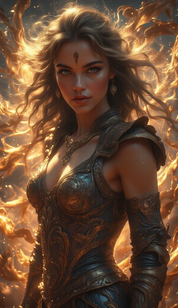 Create an [Comic book Luis Royo art style] with [detailed linework], [dynamic shading], and [rich colors]. The young black haired girl have [full body], [expressive facial features] and [fluid body movements], with close attention paid to [her golden dress, red details] and [althar of an evil temple background]. [dark atmosphere] of the image, windy and with small fires everywhere. Create an [ultra-realistic], [high-resolution] image of [young woman], a beautiful [princess]. She has [heart-shaped] face. Her face is [delicately proportioned], with a [small nose] and [high cheekbones]. Her lips are full. [shinny black straight medium hair styled] medium hair, greek hair style. Her [blue eyes] with [black eyeliashes and brown], with long, full eyelashes that add to her feminine charm.  She wears a medieval golden dress with pants and light armor] (fabric with intricate pattern:1.2), that accentuates her [slim petite body]. Fairy, absurdres. The image should showcase [visible skin pores] that add to the realism. Her [imperfect, uneven, and irregular skin] should be depicted with [specular reflection], [subsurface scattering], and [diffuse reflection], capturing the [fair skin tone] The image should be captured in [natural light], with [soft shadows] that highlight her. The colors should be [RAW] and [vibrant], showcasing the [tragic] elements of the character, while remaining grounded in a sense of [realism]. Aim for a [photorealistic] portrayal that captures the [essence] of her character, from her [fierce demeanor] to her [captivating beauty]. The image should have [intricate details], capturing every nuance of her form. The overall mood of the image should be [victorian], [ghotic] with a sense of [magic] and [power], princess Lili from the movie Legend