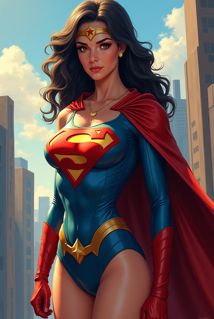 A MUSCULAR FEMALE, WITH LONG BLACK HAIR, BLUE EYES, WITH HUGE BULGING SWOLLEN MUSCLES, WEARING A CLASSIC SUPERMAN COSTUME AND RED CAPE. ABSURD 8K RESOLUTION, INCREDIBLY DETAILED SKIN AND EYES