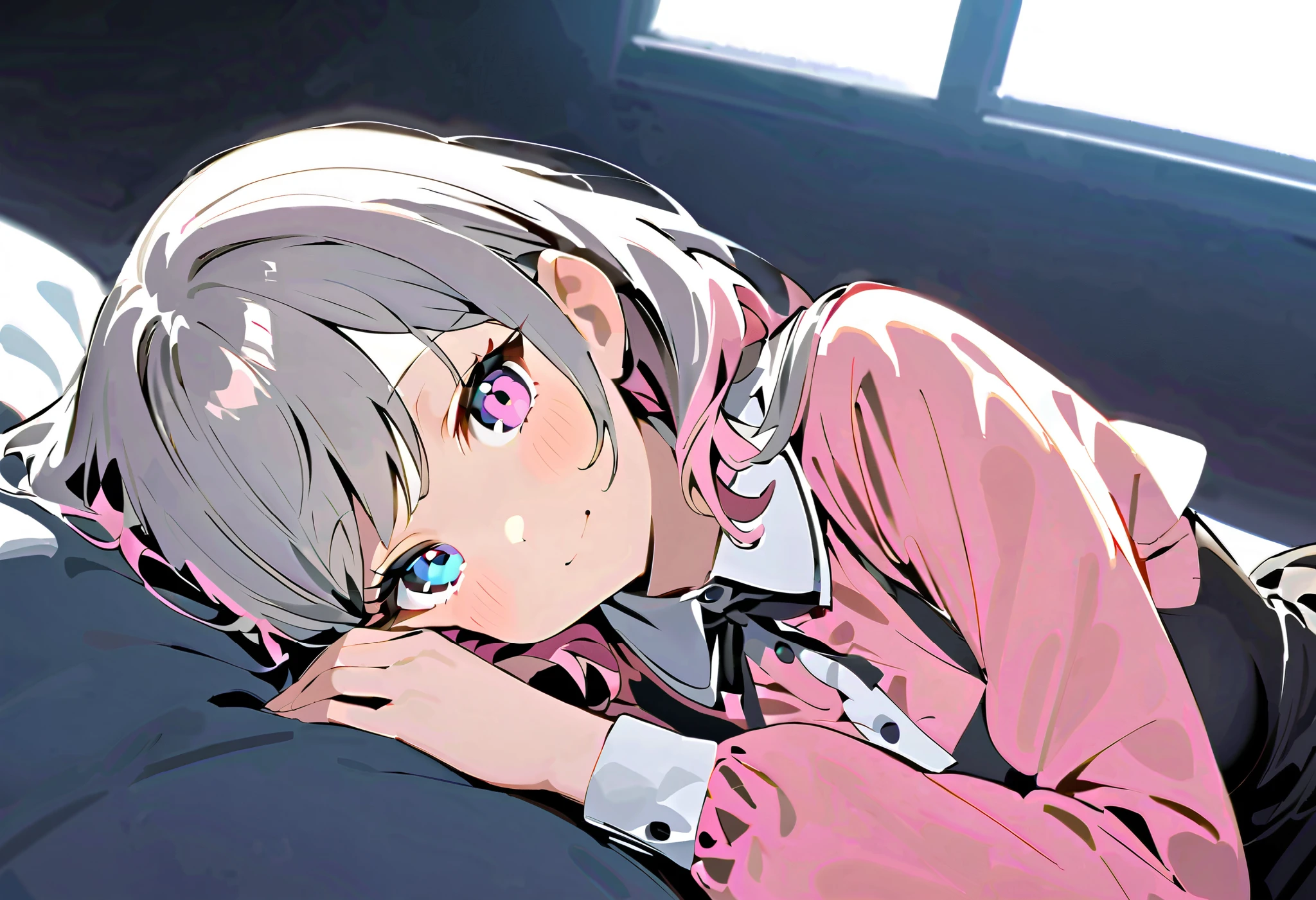Devilish Smile 、Devil Costume、 Dark Room、asymmetry bangs, swept bangs、{{{masterpiece}}}, {{{ top quality}}}, {{ more details }}, {beautiful detailed eye}, 1 girl ,Alone, (( gray hair)),(bangs), , girl ,Midea,eye、Long gray hair、 pink hair 、Alone、 medium hair 、白い medium hair 、 long hair、 bob hair、 } white collar long sleeve pink shirt {x} 肩くらいまで伸びる gray hair 、 pink hair with pink tips 、 medium hair ー、 hair inner color is pink 、 hair down shoulders 、 pretty girl 、Detailed eye、Anime、 Shirogane Noel、 black skirt、 hair down shoulders 、Alone、 1 girl 、E art style 、Alone、